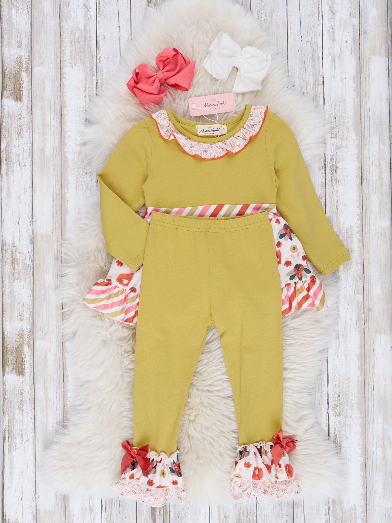 Chartreuse & Candy Stripe Turkey Ruffle Outfit - Marie Nicole Clothing