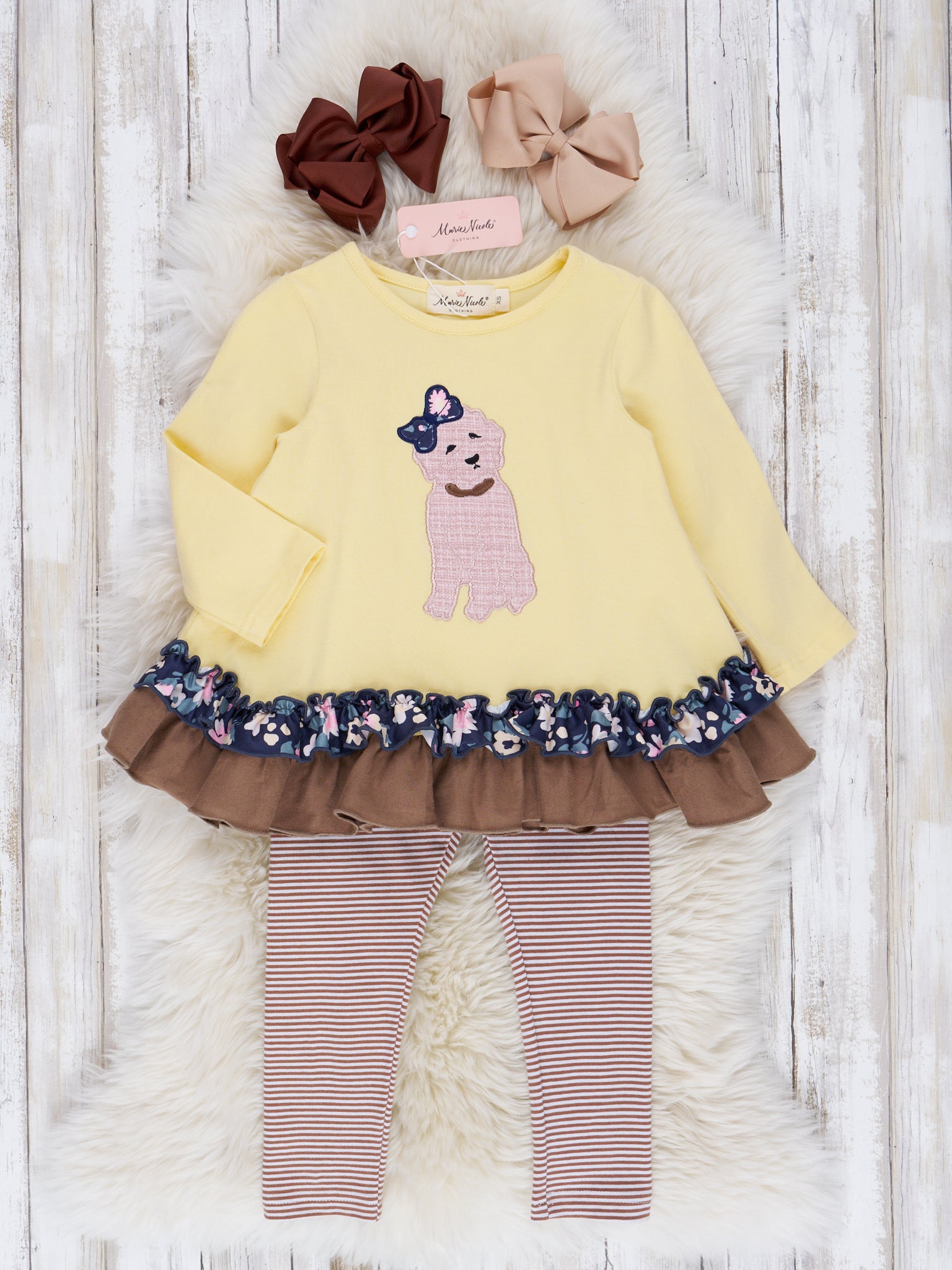 Canary & Brown Embroidered Puppy Ruffle Outfit - Marie Nicole Clothing
