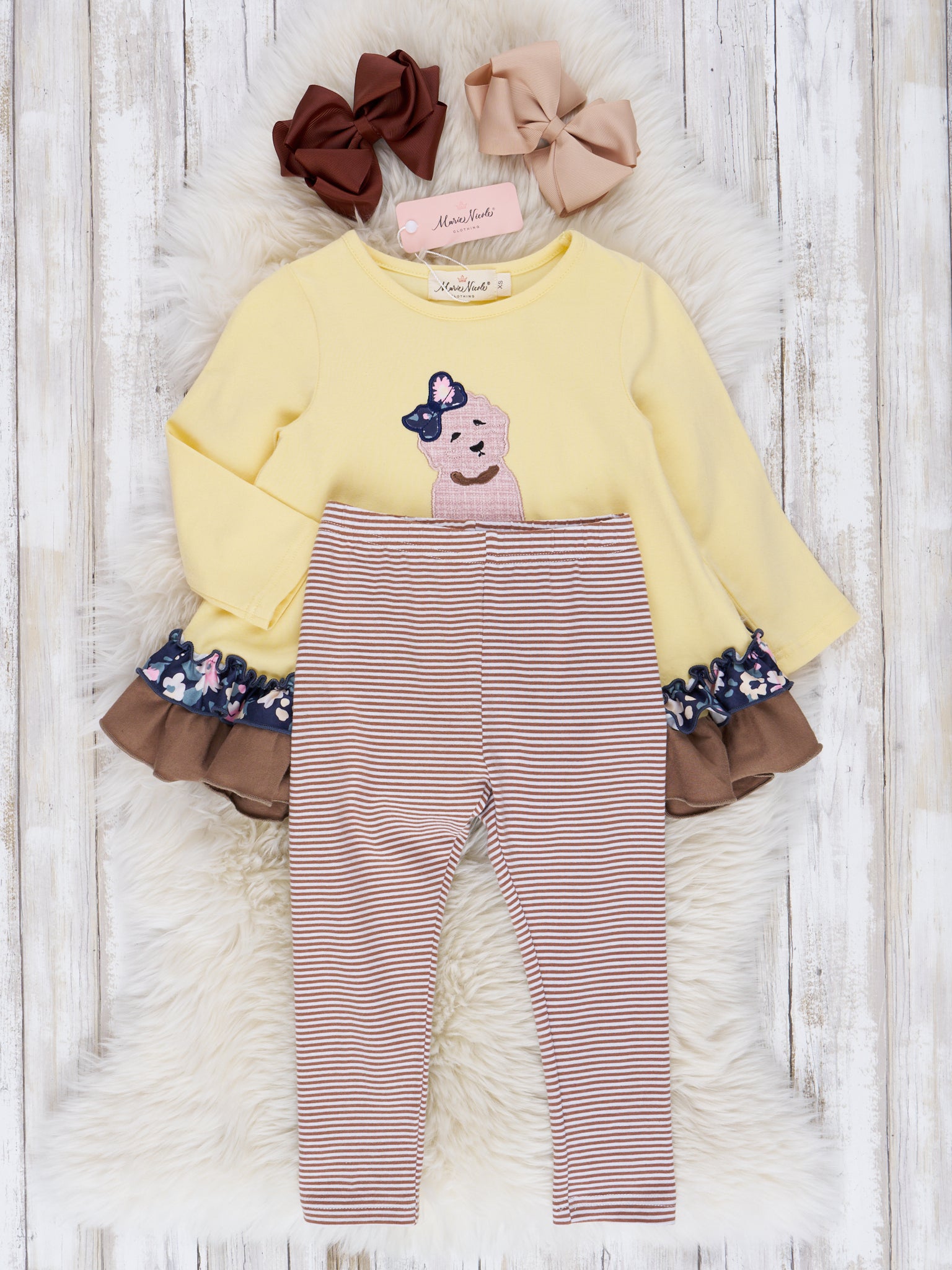 Canary & Brown Embroidered Puppy Ruffle Outfit - Marie Nicole Clothing