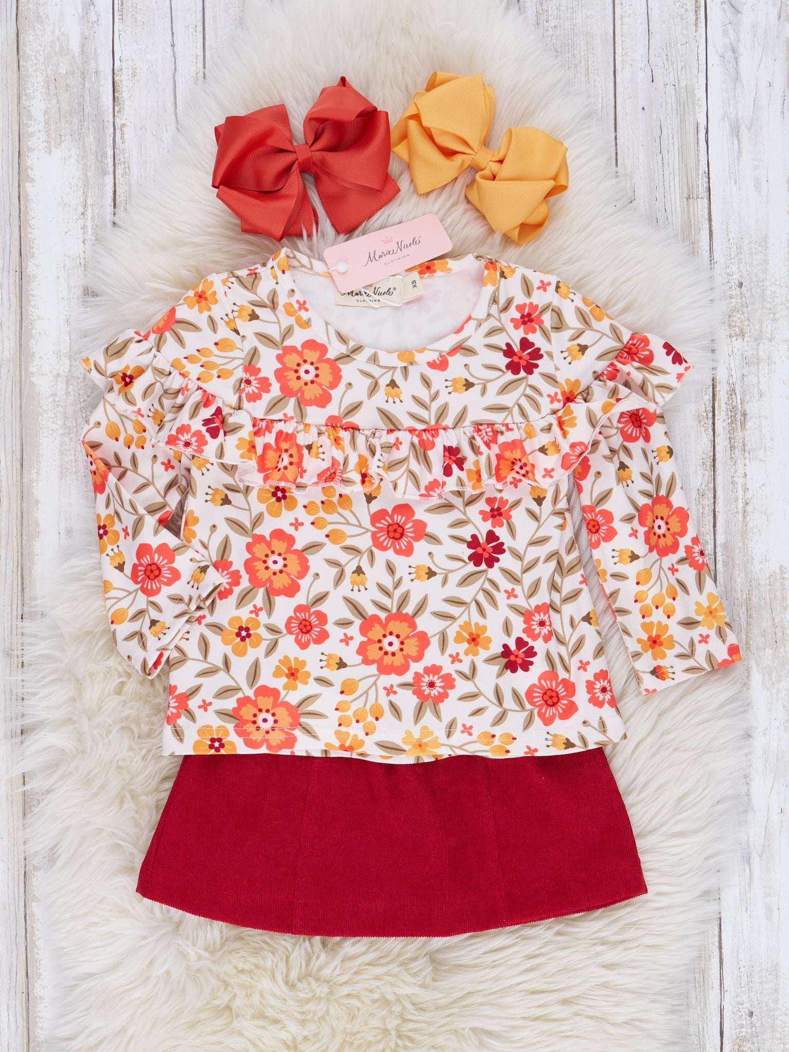Crimson Floral Suede Skirt Ruffle Outfit - Marie Nicole Clothing