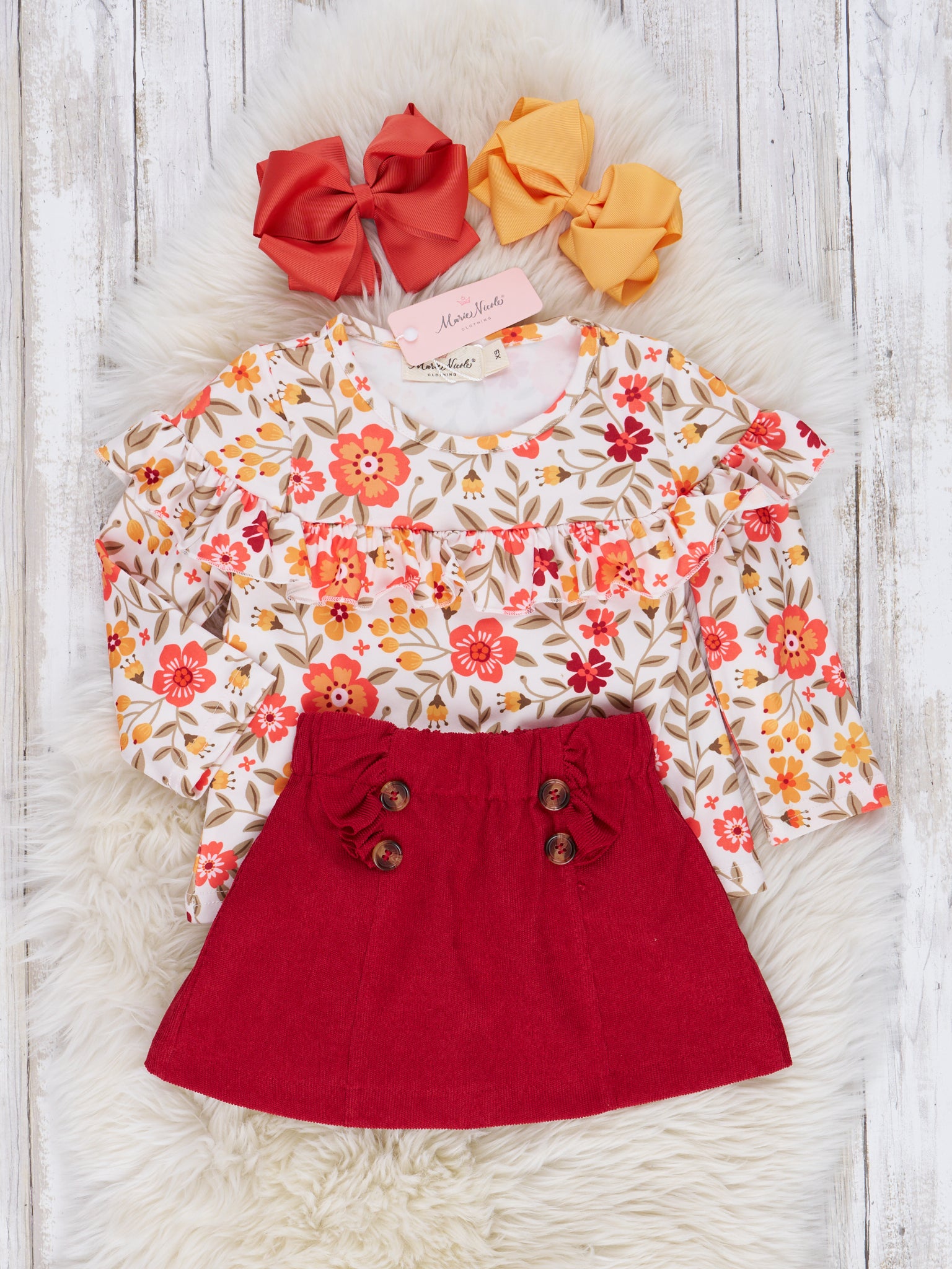 Crimson Floral Suede Skirt Ruffle Outfit - Marie Nicole Clothing