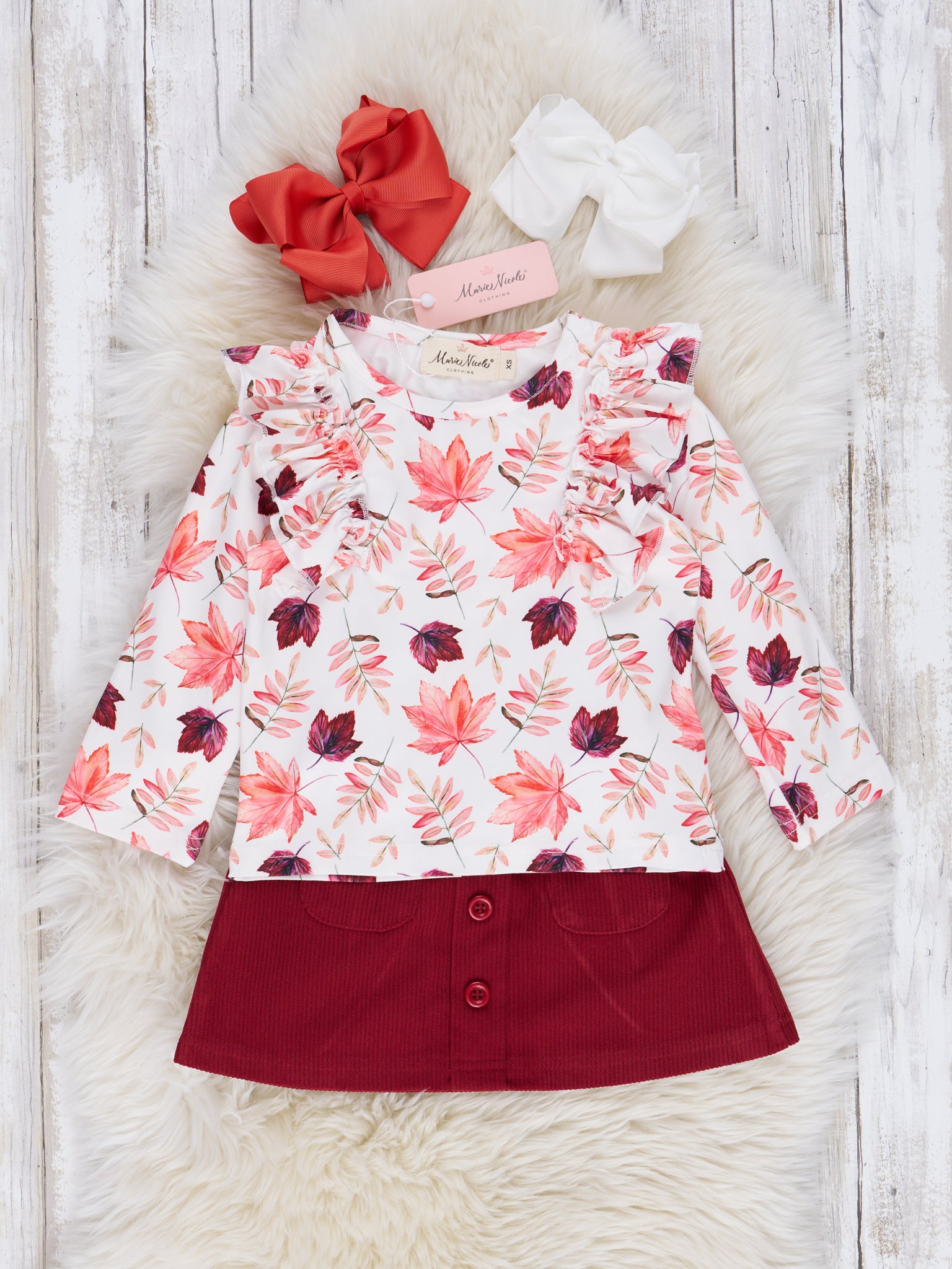 Burgundy Maple Leaves Suede Skirt Ruffle Outfit - Marie Nicole Clothing