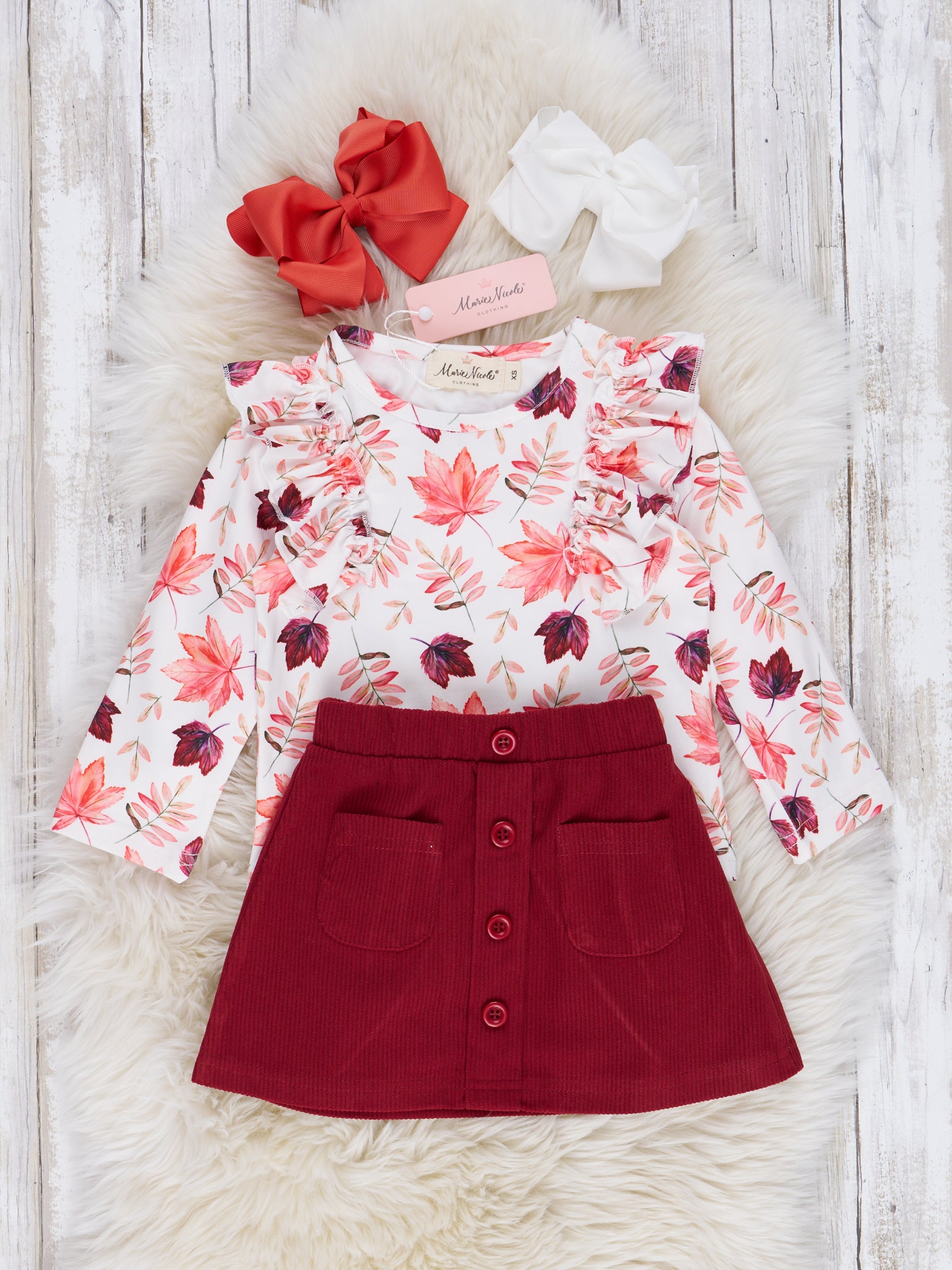 Burgundy Maple Leaves Suede Skirt Ruffle Outfit - Marie Nicole Clothing