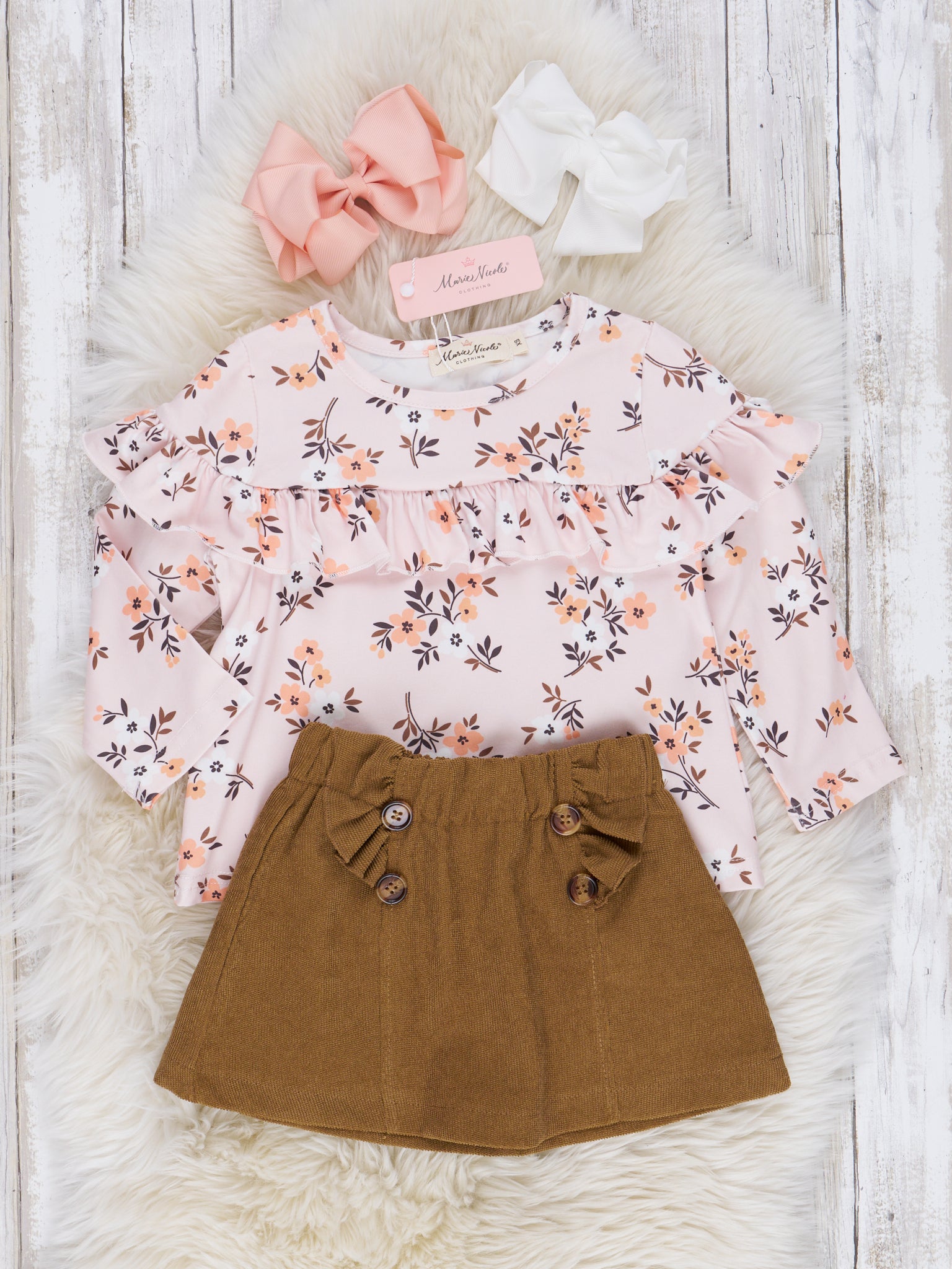 Olive Floral Suede Skirt Ruffle Outfit - Marie Nicole Clothing