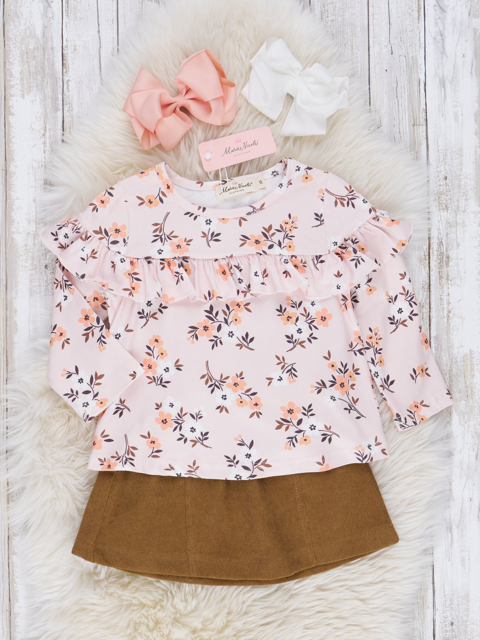 Olive Floral Suede Skirt Ruffle Outfit - Marie Nicole Clothing