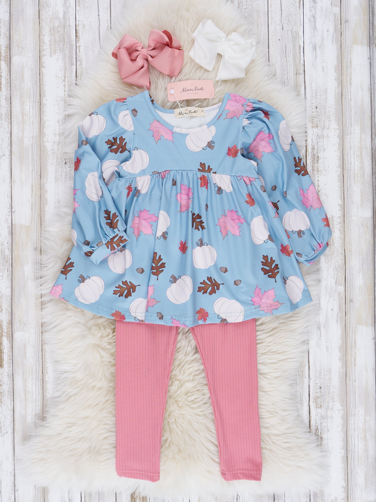 Sky Blue & Dusty Rose Puff Sleeve Pumpkin Outfit - Marie Nicole Clothing