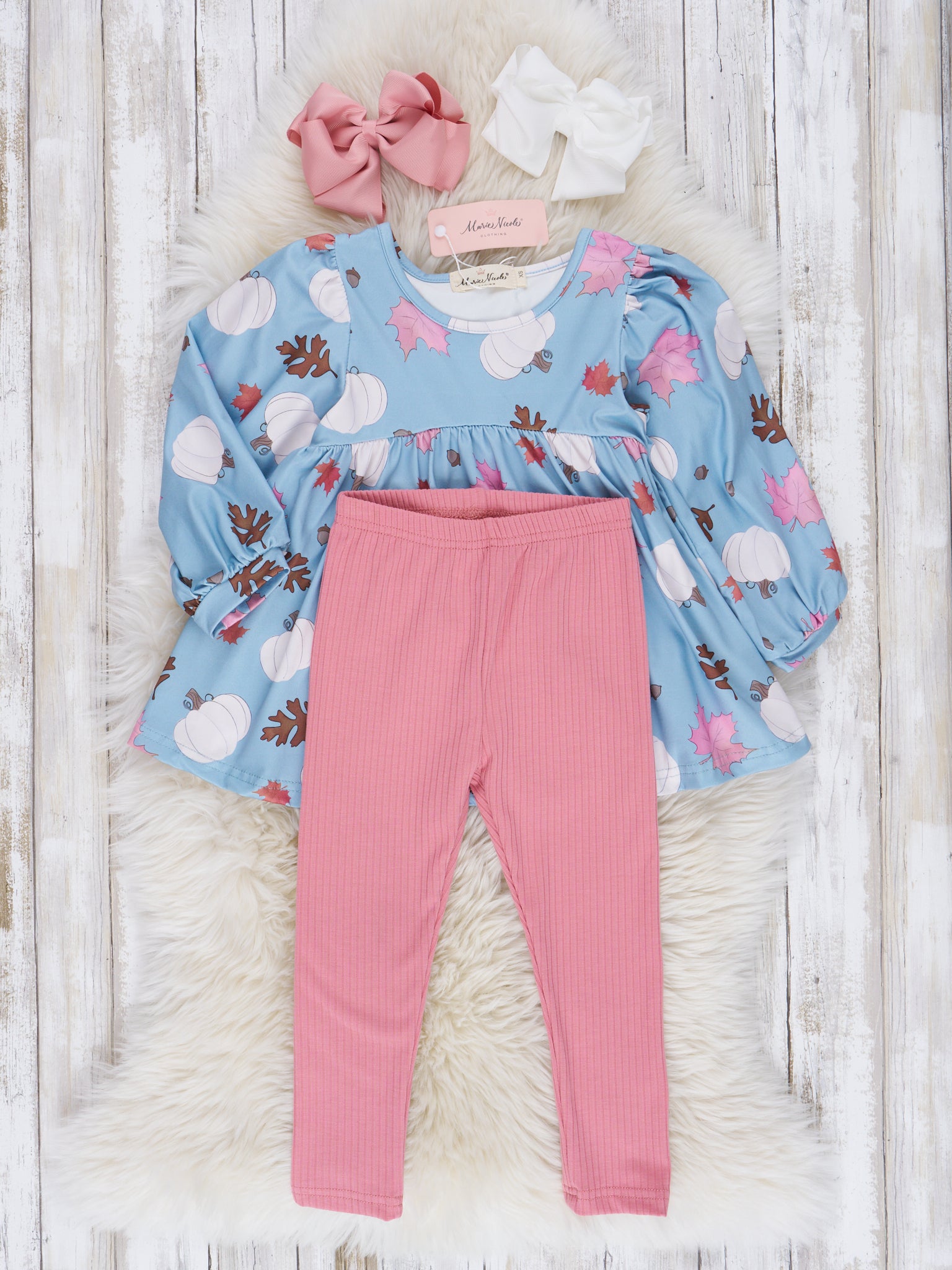 Sky Blue & Dusty Rose Puff Sleeve Pumpkin Outfit - Marie Nicole Clothing