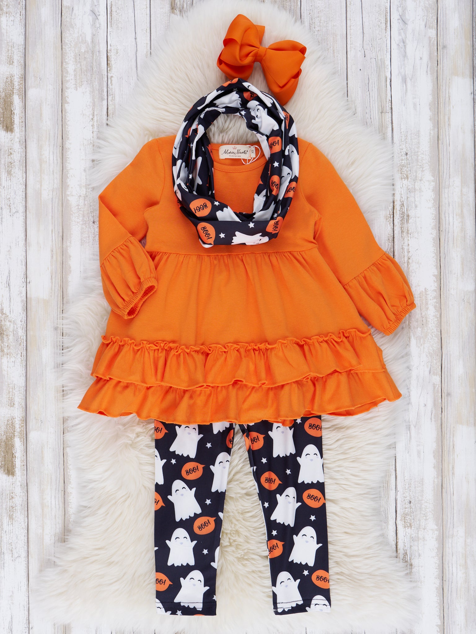 Bright Orange Ghost Ruffle Scarf Outfit - Marie Nicole Clothing