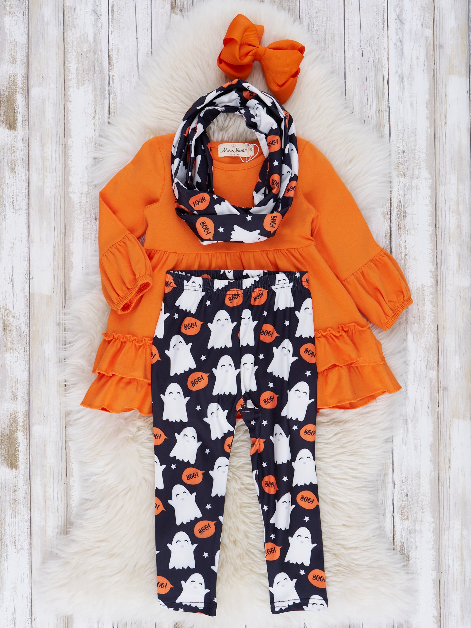 Bright Orange Ghost Ruffle Scarf Outfit - Marie Nicole Clothing