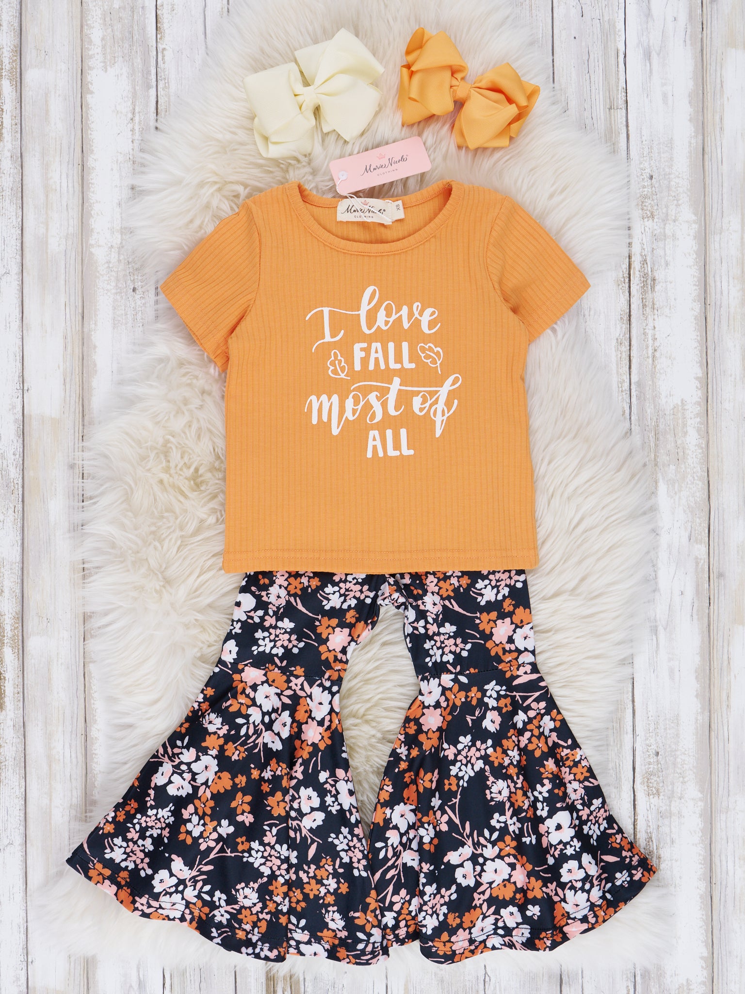 Black & Bronze Floral Bell Bottoms Outfit - Marie Nicole Clothing