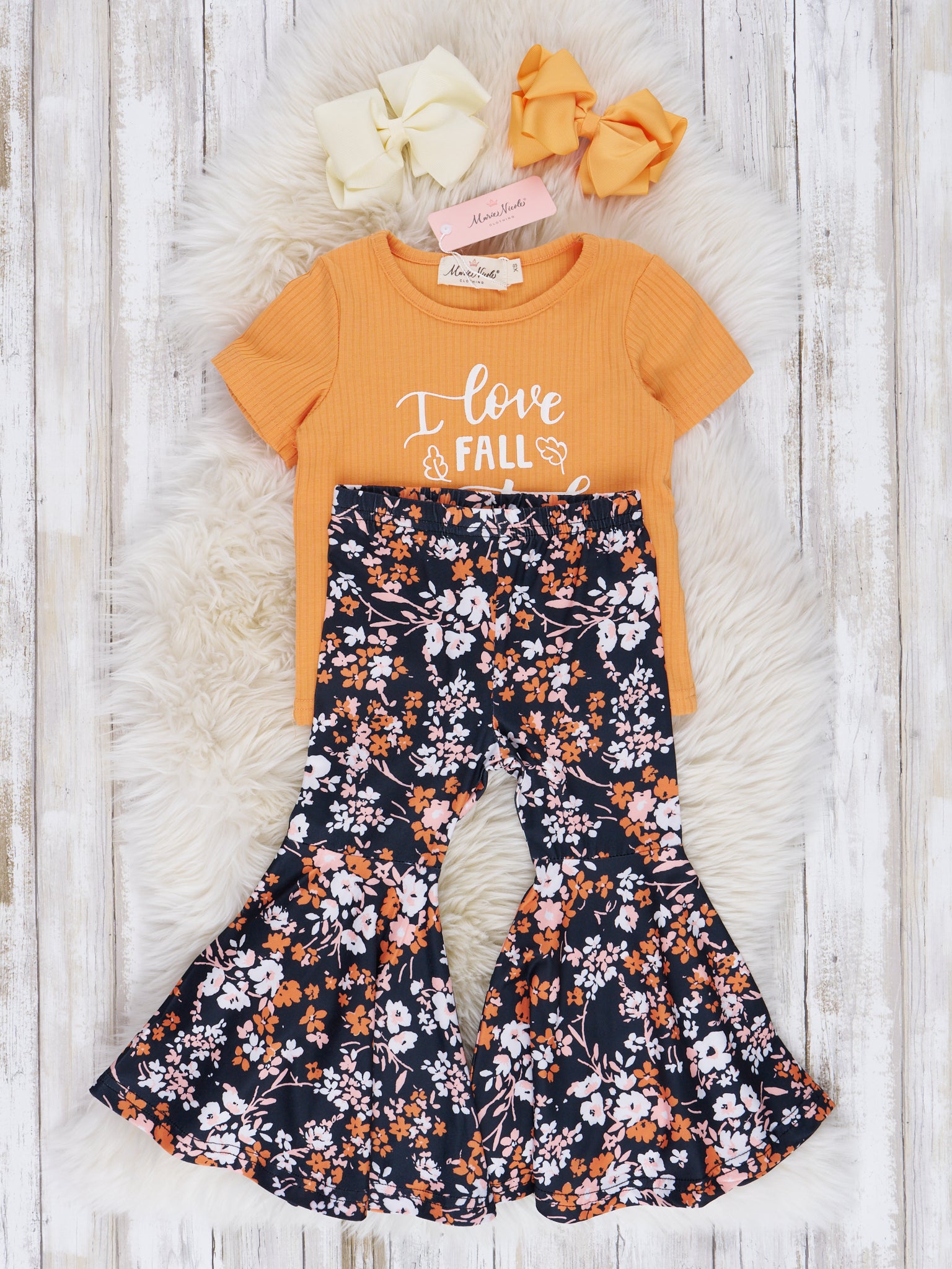 Black & Bronze Floral Bell Bottoms Outfit - Marie Nicole Clothing