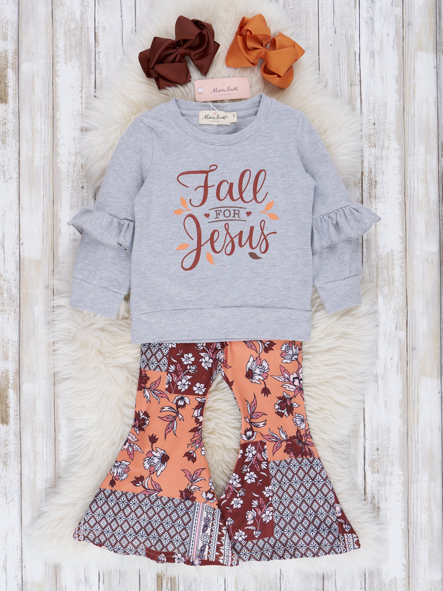 "Fall For Jesus" Ruffle Top & Boho Bell Bottoms Outfit - Marie Nicole Clothing