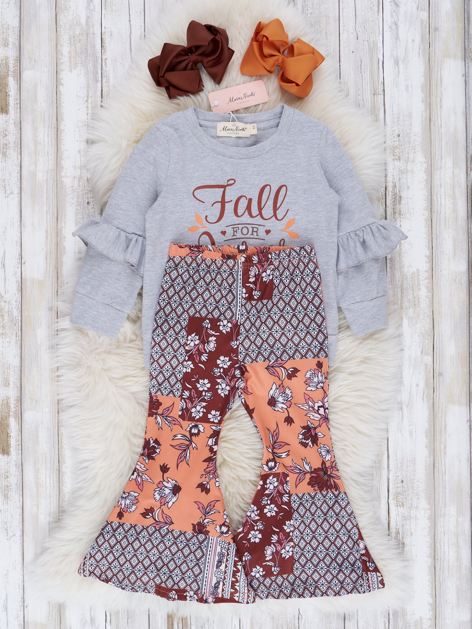 "Fall For Jesus" Ruffle Top & Boho Bell Bottoms Outfit - Marie Nicole Clothing