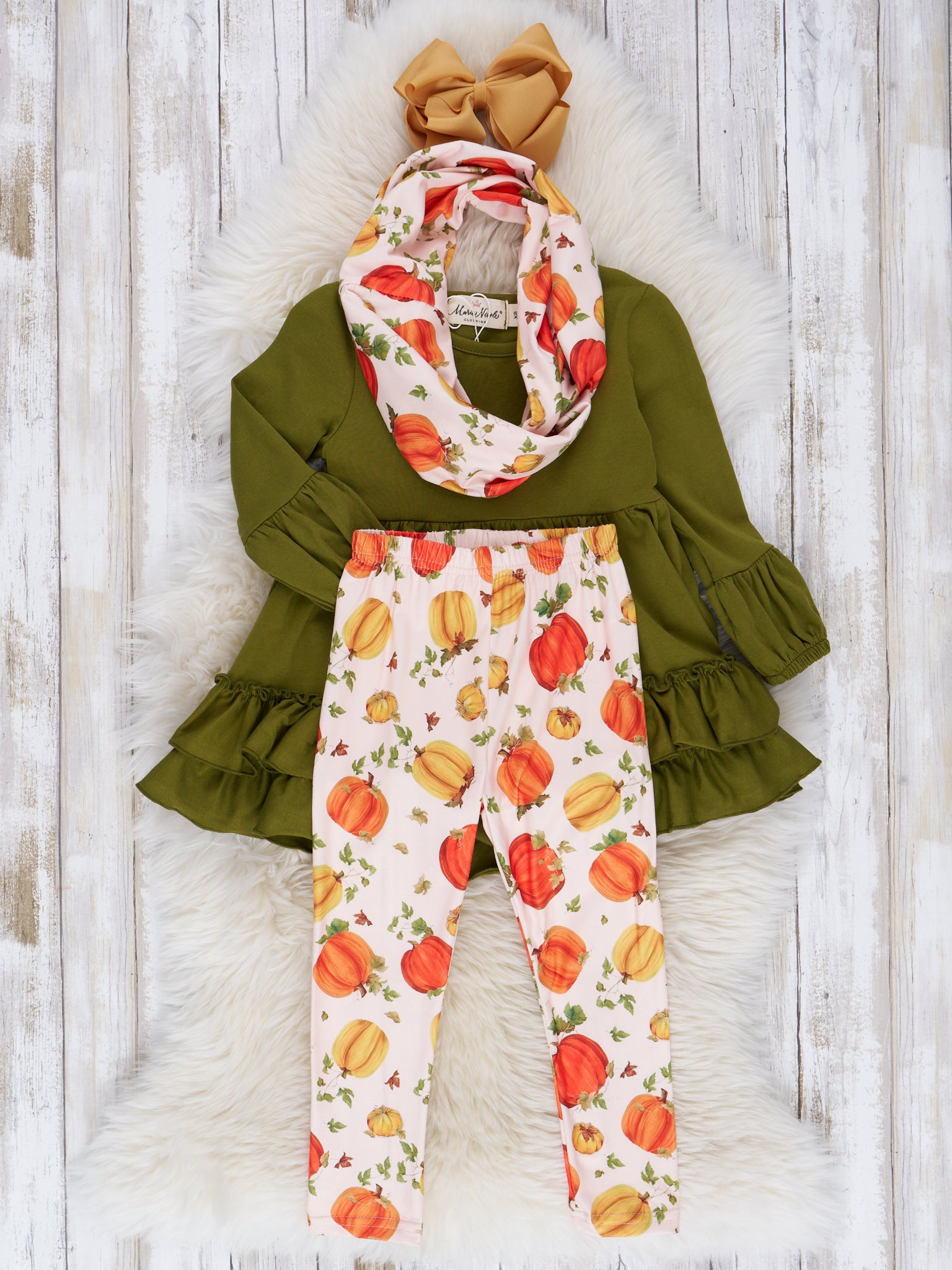 Olive Pumpkins Ruffle Scarf Outfit - Marie Nicole Clothing