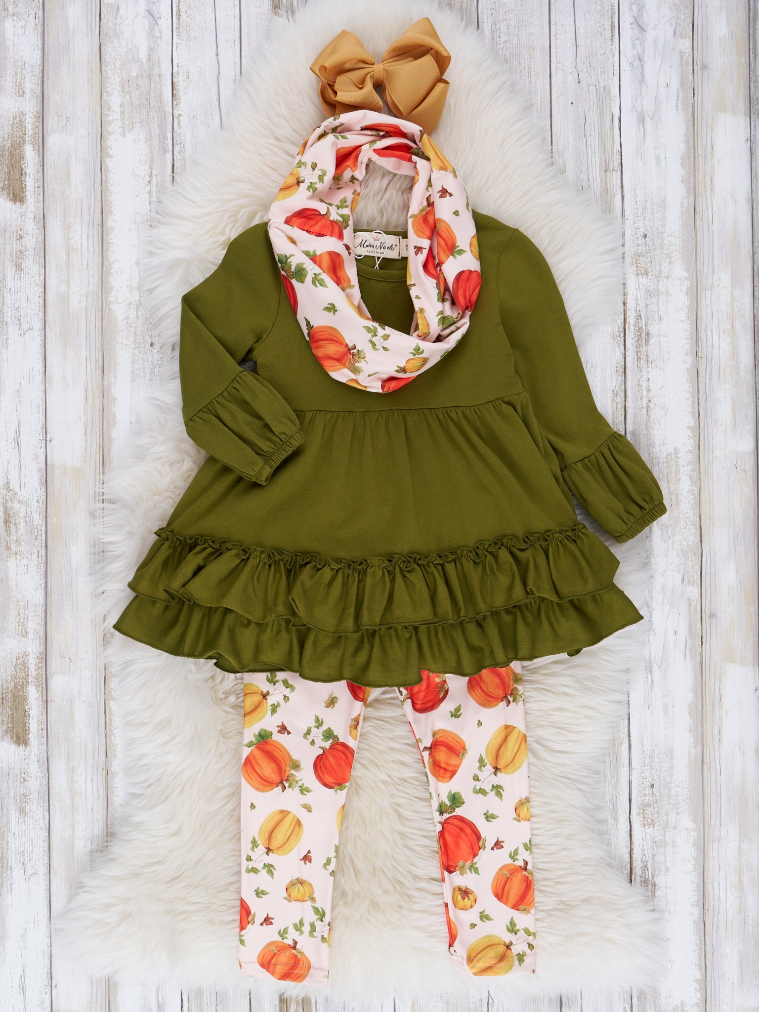 Olive Pumpkins Ruffle Scarf Outfit - Marie Nicole Clothing