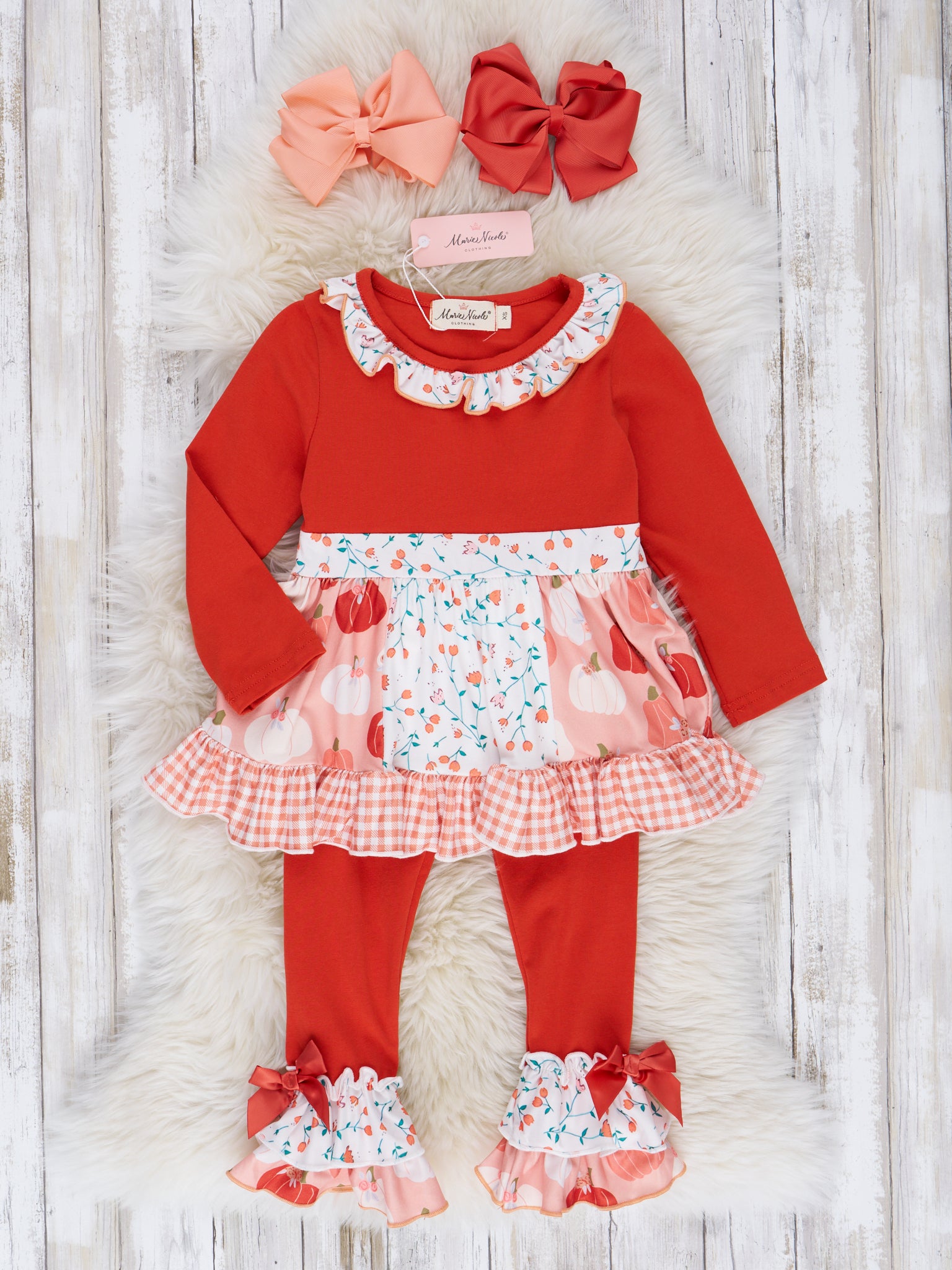 Orange & Peach Gingham Garden Ruffle Outfit - Marie Nicole Clothing