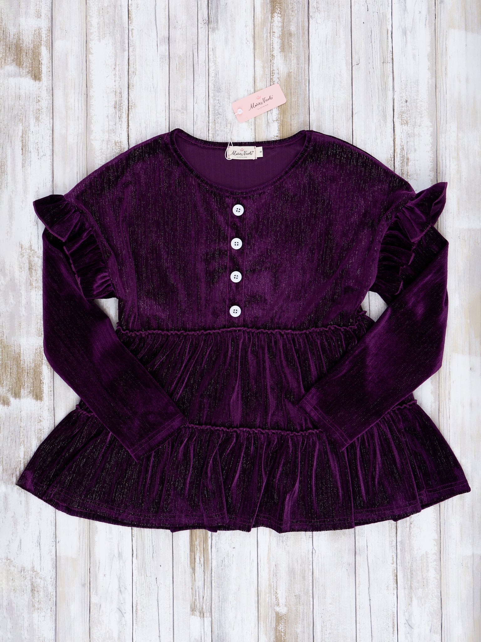 Women's Plum Velvet Ruffle Shirt - Marie Nicole Clothing