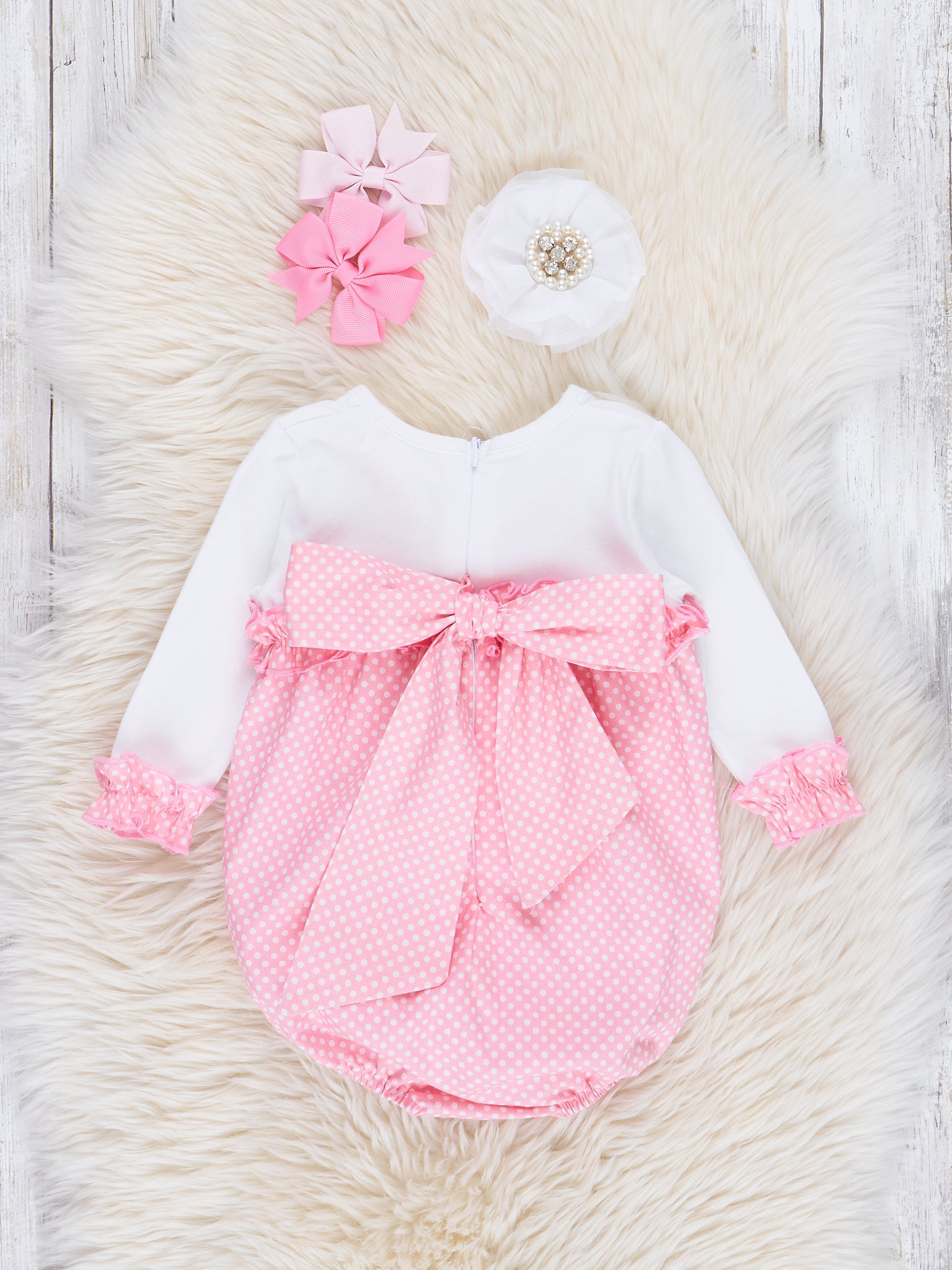 Pink & White Polka Dot Bow Back Bubble Romper - Marie Nicole Clothing