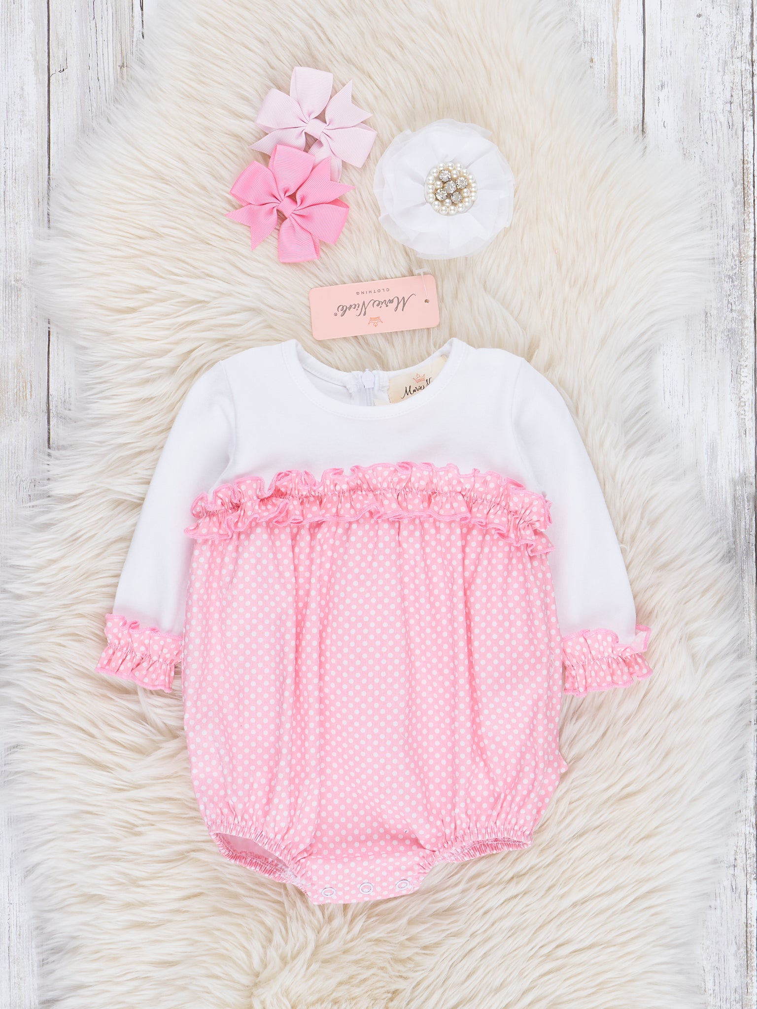 Pink & White Polka Dot Bow Back Bubble Romper - Marie Nicole Clothing