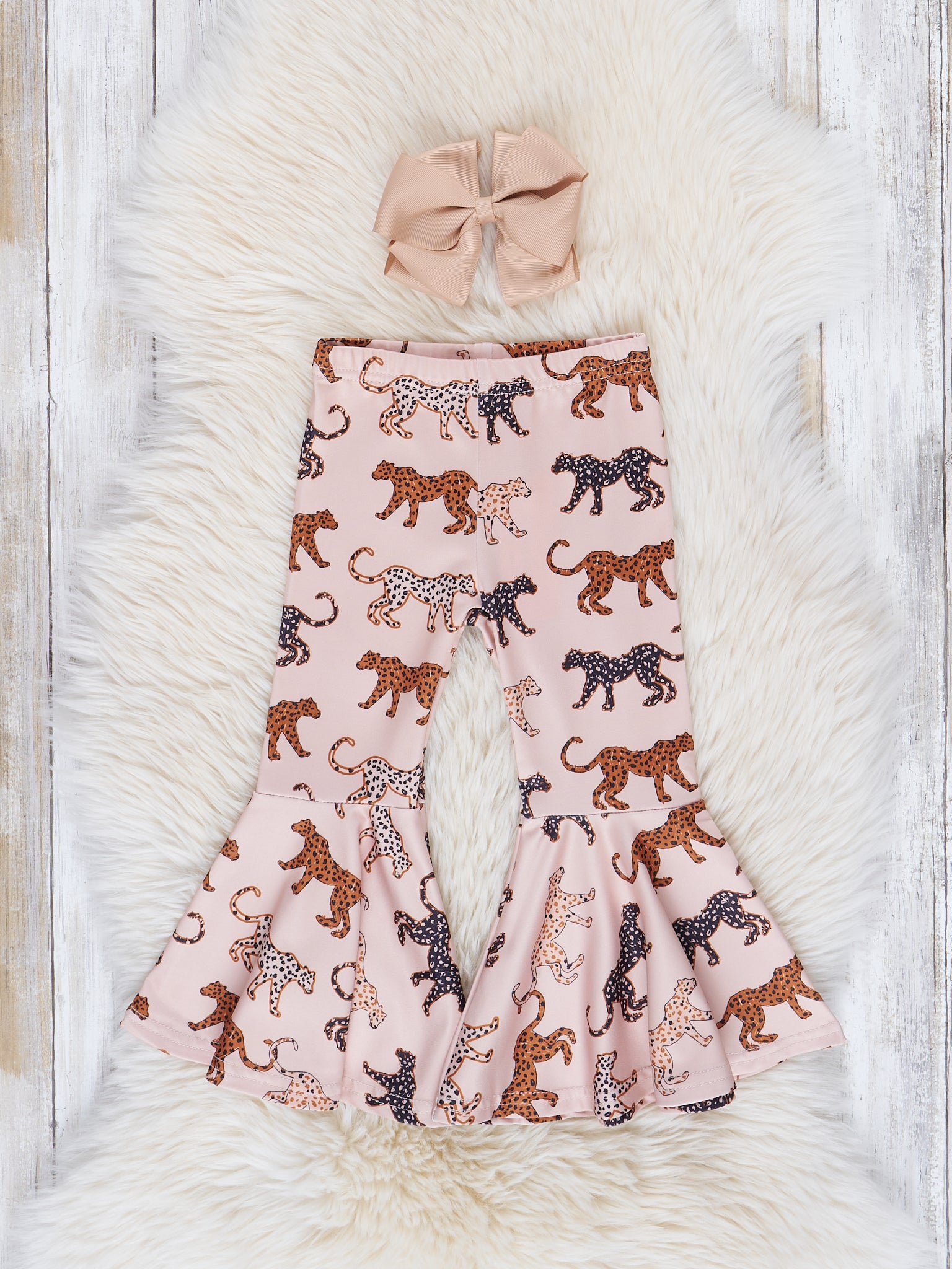 Beige Leap of Leopards Bell Bottom Pants - Marie Nicole Clothing