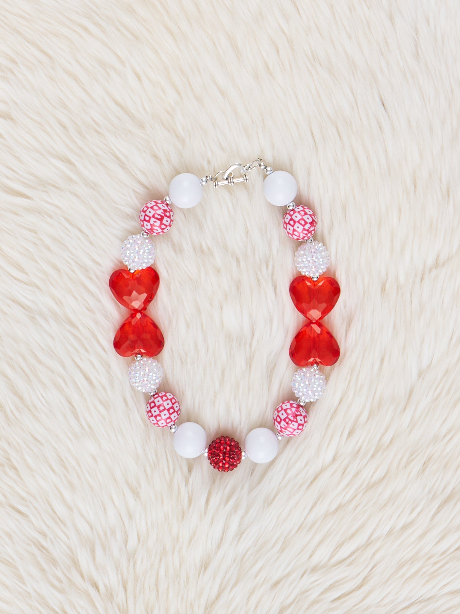 Red & Silver Sparkle Hearts Bubblegum Necklace - Marie Nicole Clothing
