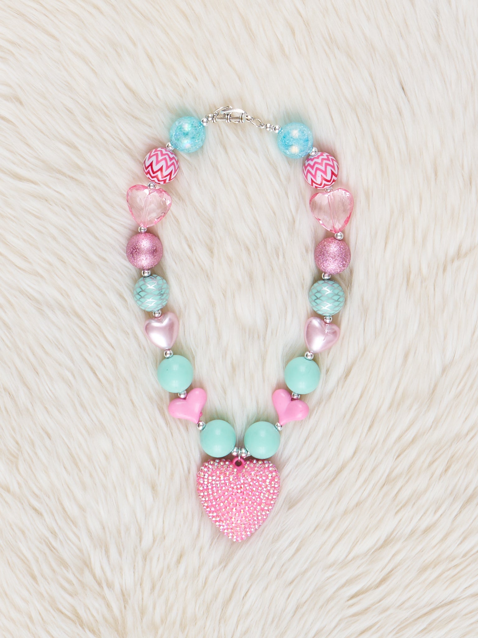 Teal & Pink Heart Charm Bubblegum Necklace - Marie Nicole Clothing