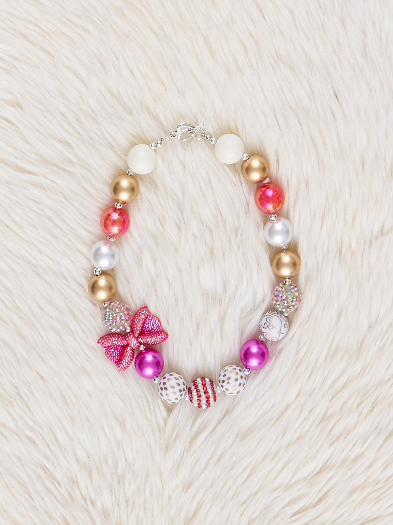 Gold & Pearl Bow Charm Bubblegum Necklace - Marie Nicole Clothing
