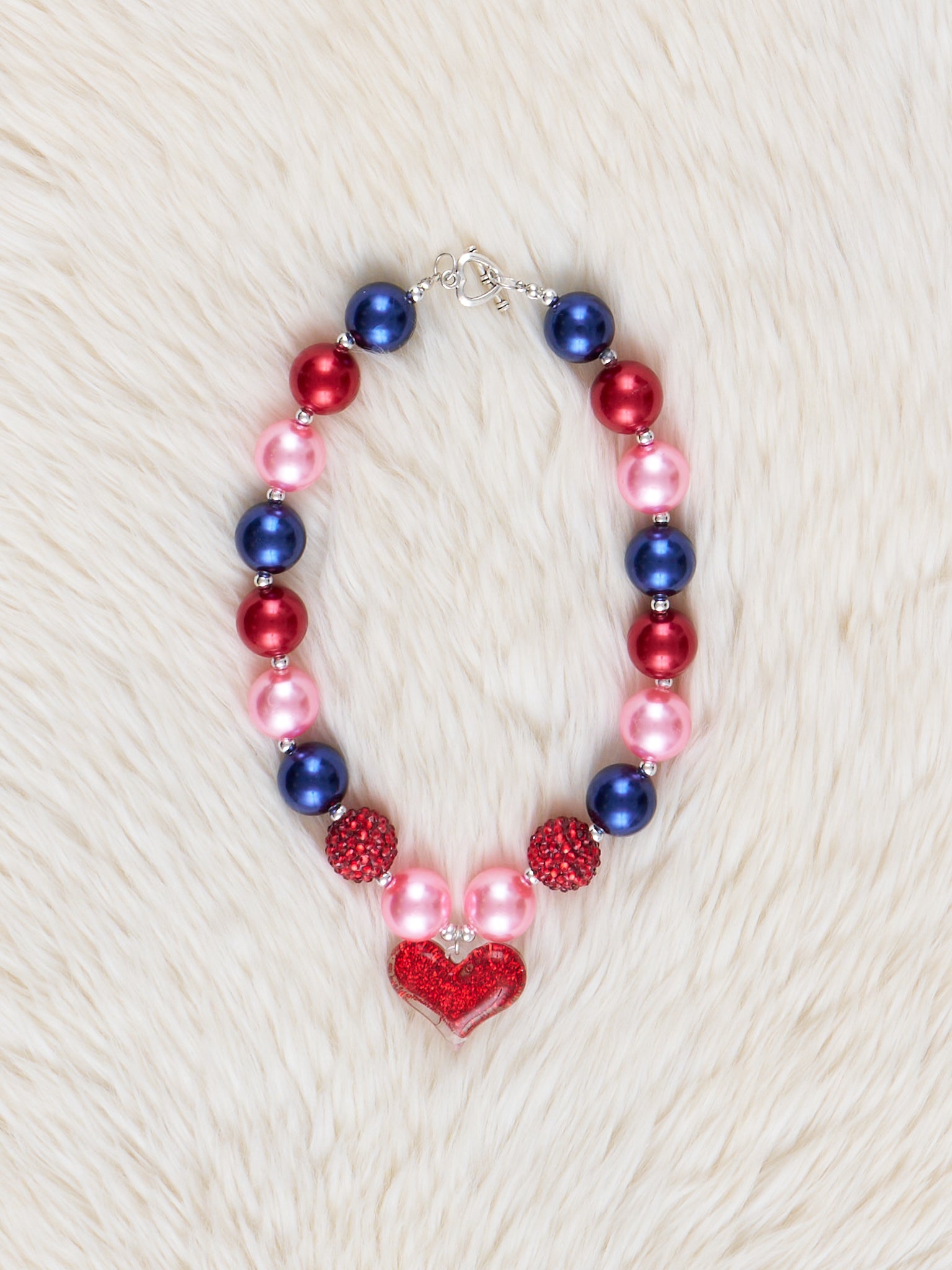 Navy & Red Heart Charm Bubblegum Necklace - Marie Nicole Clothing