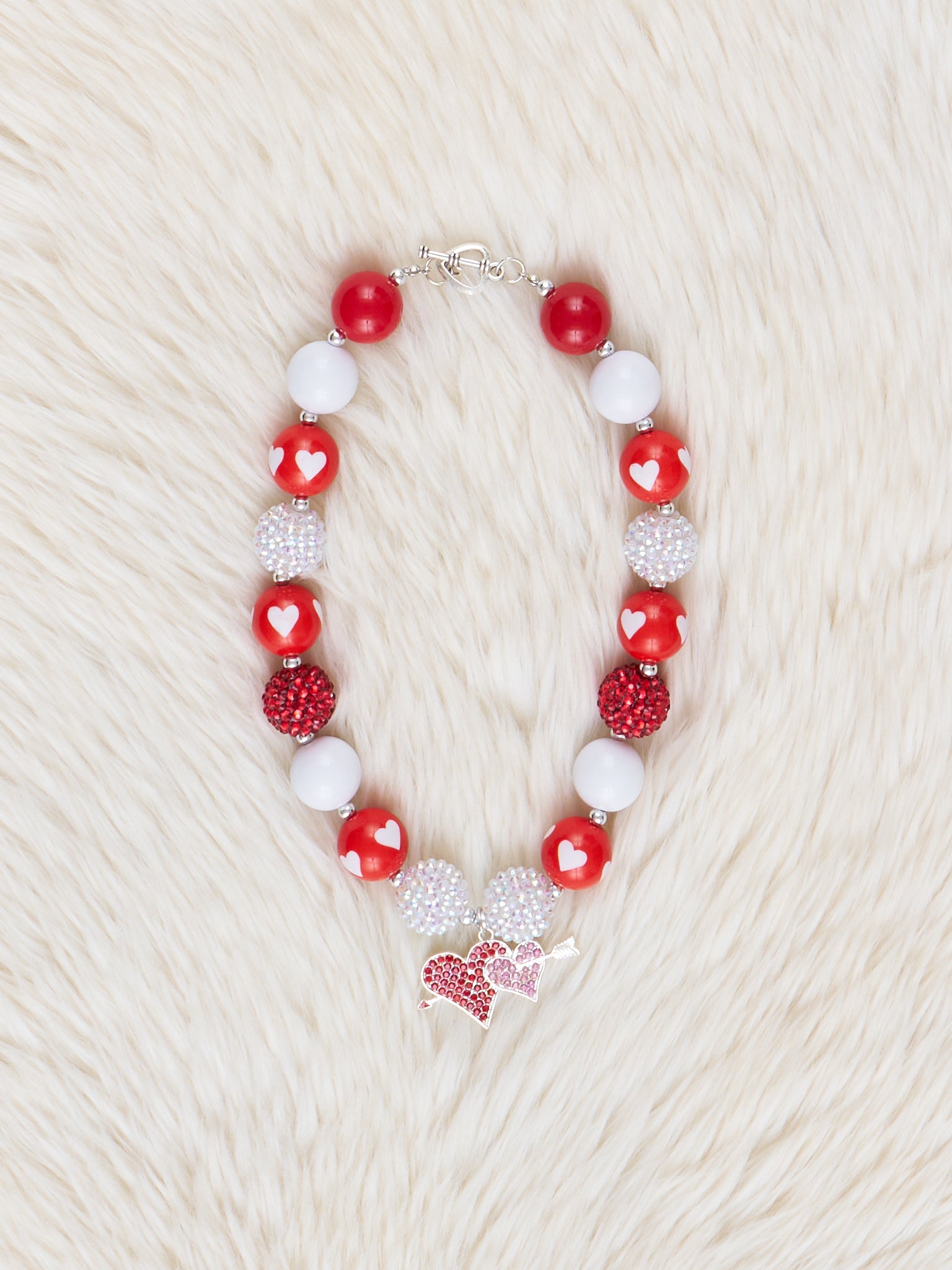 Red & Silver Sparkle Hearts Charm Bubblegum Necklace - Marie Nicole Clothing