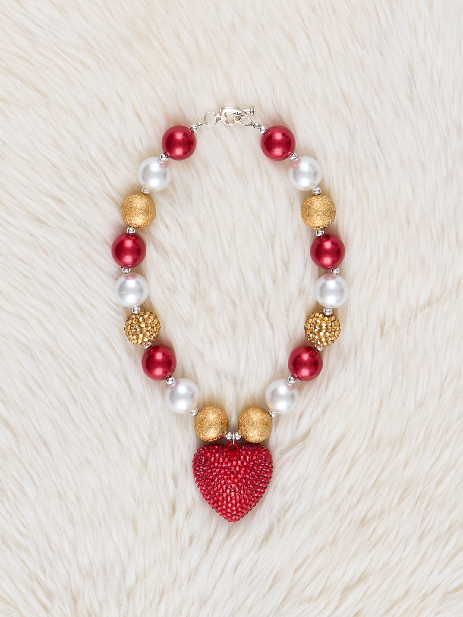Pearl & Red Heart Charm Bubblegum Necklace - Marie Nicole Clothing
