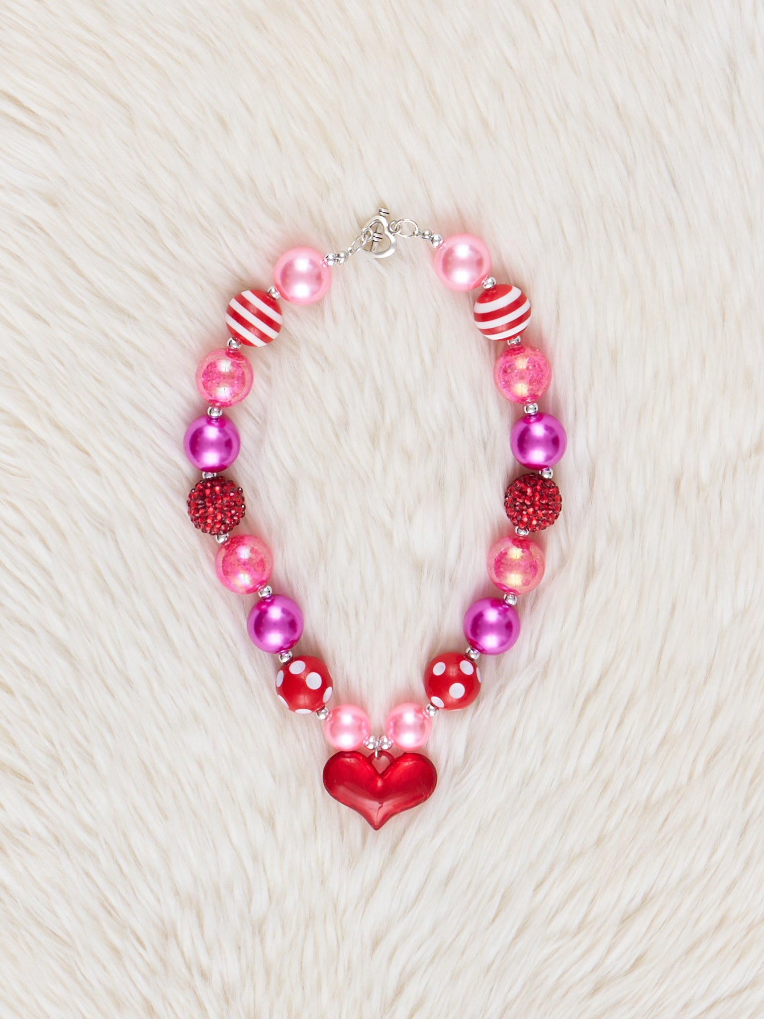 Pink & Red Heart Charm Bubblegum Necklace - Marie Nicole Clothing