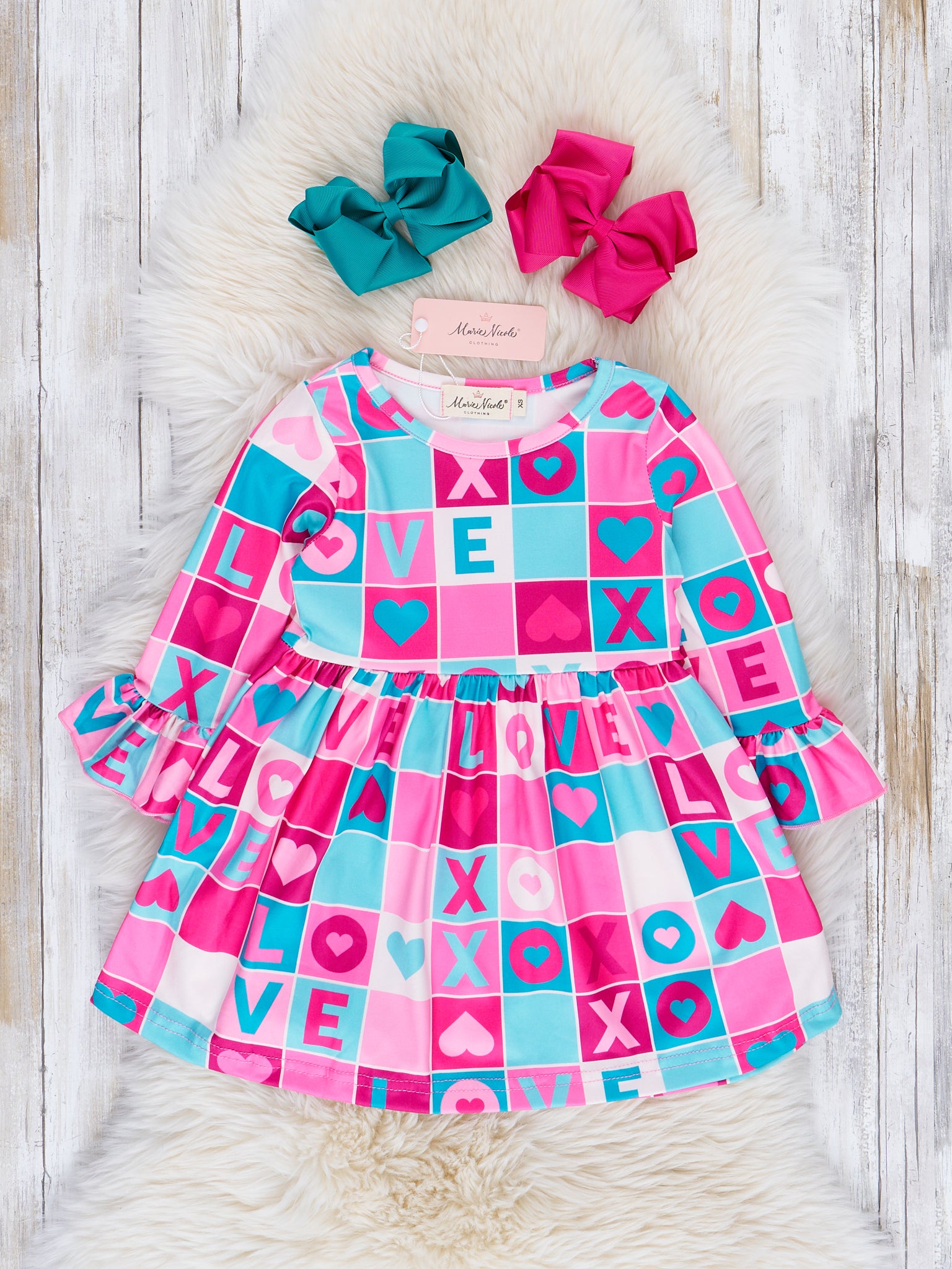 Pink XOXO Valentine Party Bell Sleeve Dress - Marie Nicole Clothing