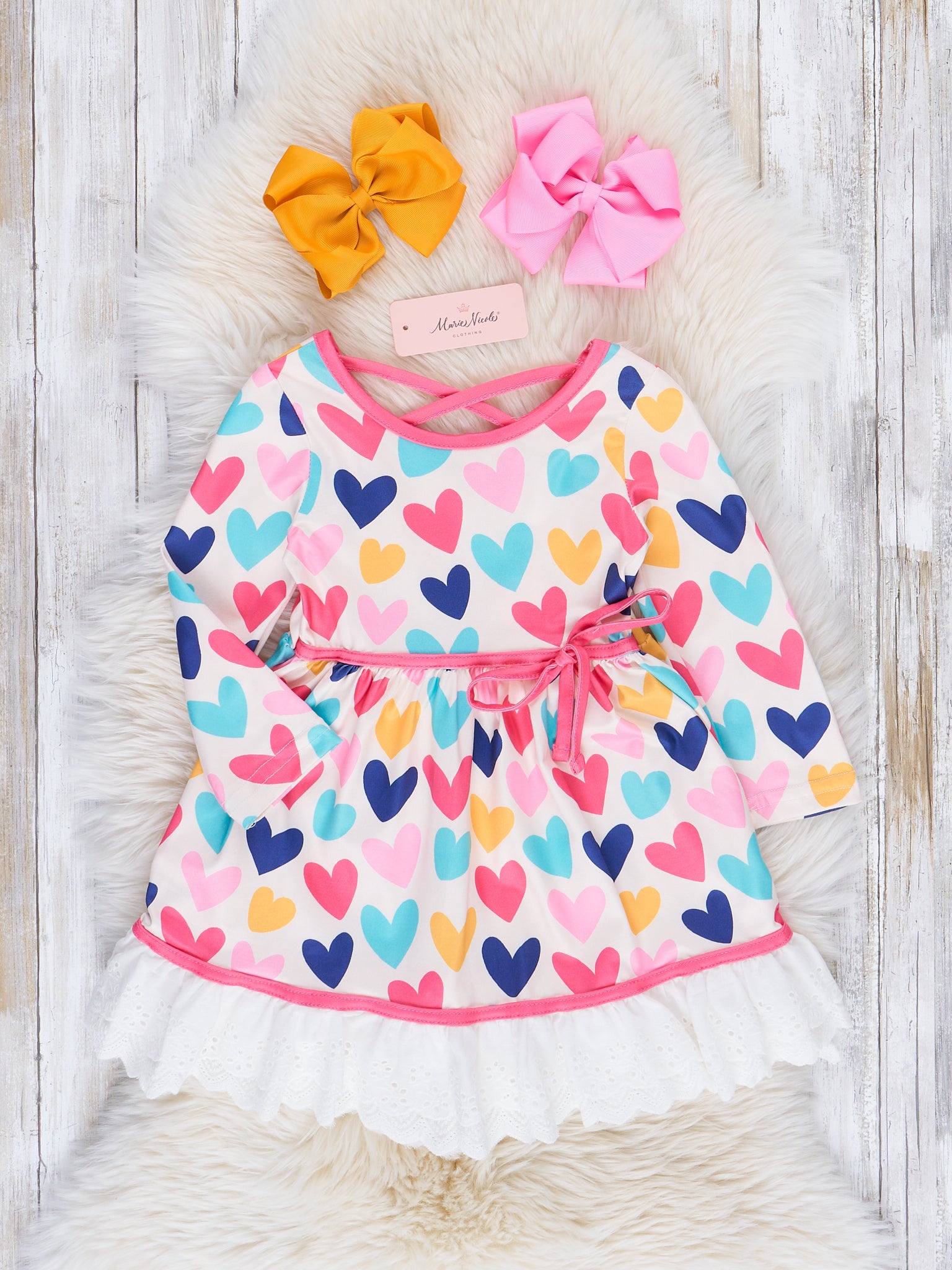 Rainbow Hearts Valentine Lace Ruffle Dress - Marie Nicole Clothing