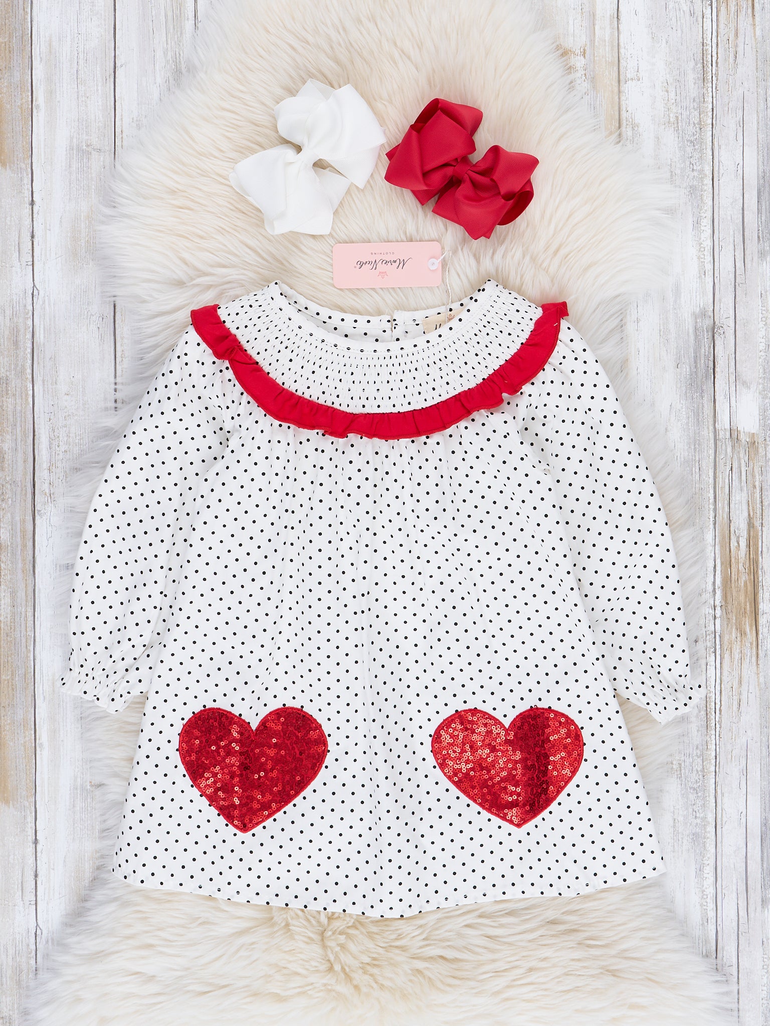 Red Sequin Hearts Smocked Ruffle Dress - Marie Nicole Clothing