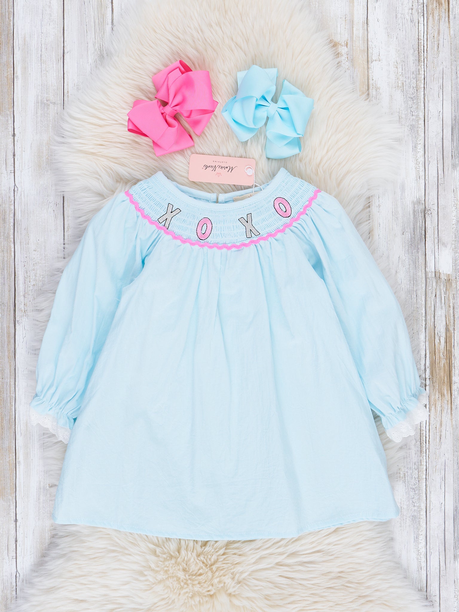 Light Blue Smocked XOXO Ruffle Dress - Marie Nicole Clothing