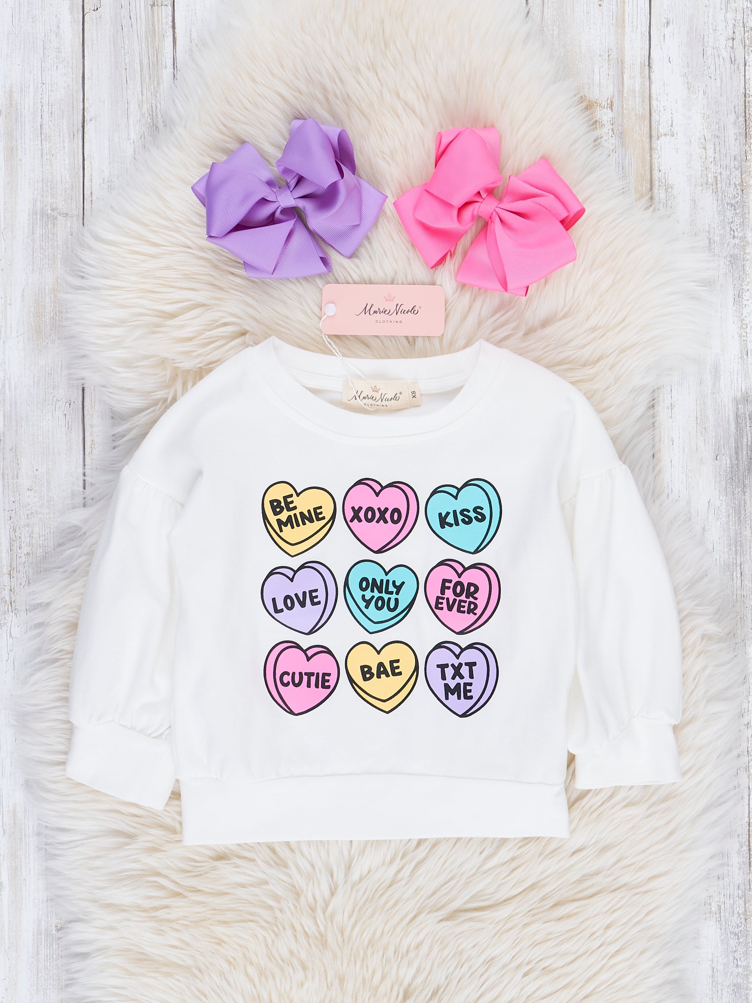 White Candy Hearts Crew Neck Shirt - Marie Nicole Clothing