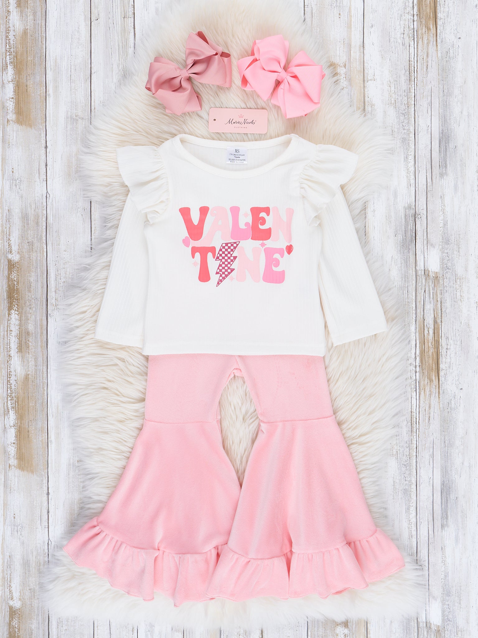 Pink Velvet Valentine Lightning Bell Bottom Outfit - Marie Nicole Clothing
