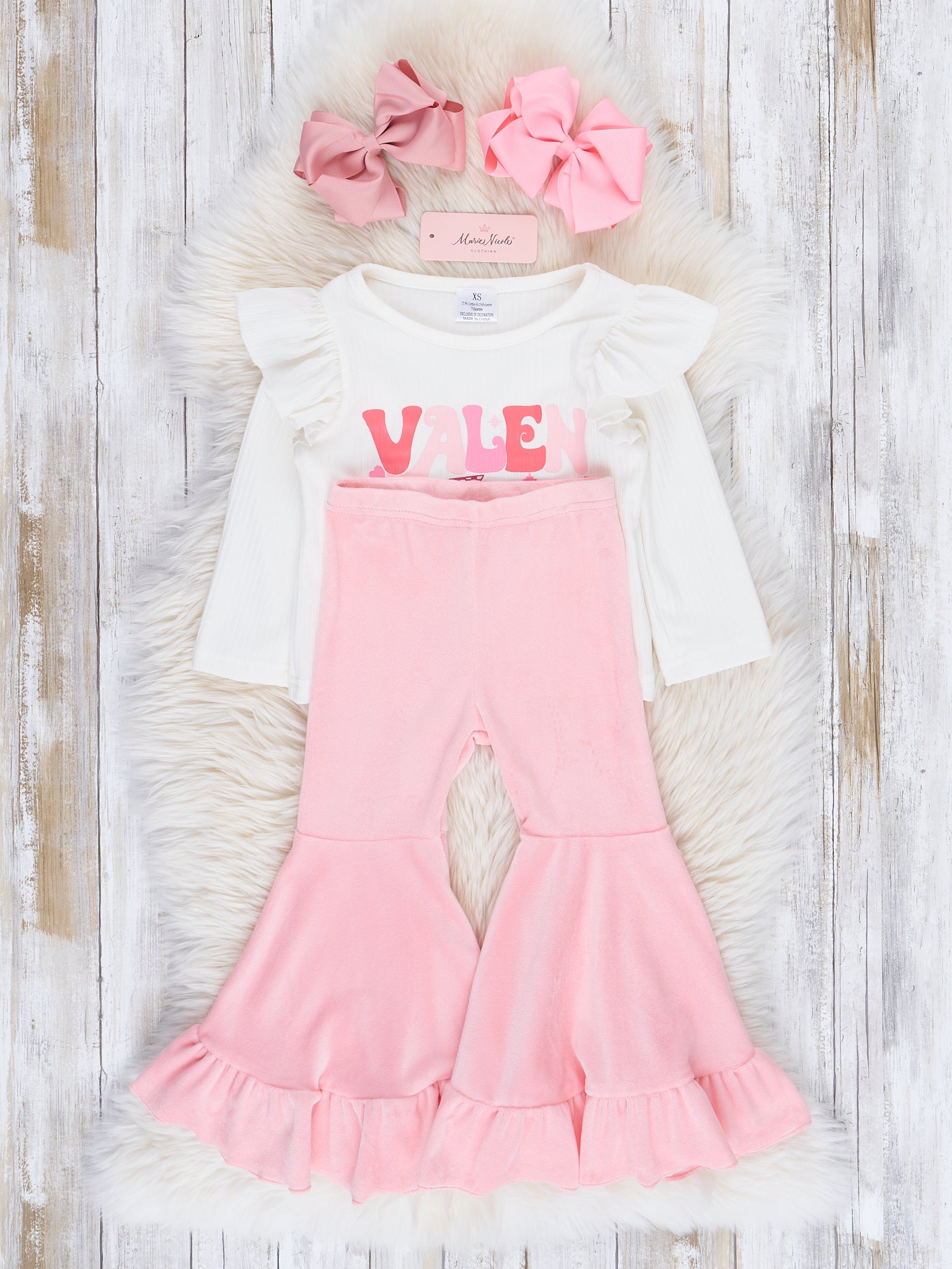 Pink Velvet Valentine Lightning Bell Bottom Outfit - Marie Nicole Clothing