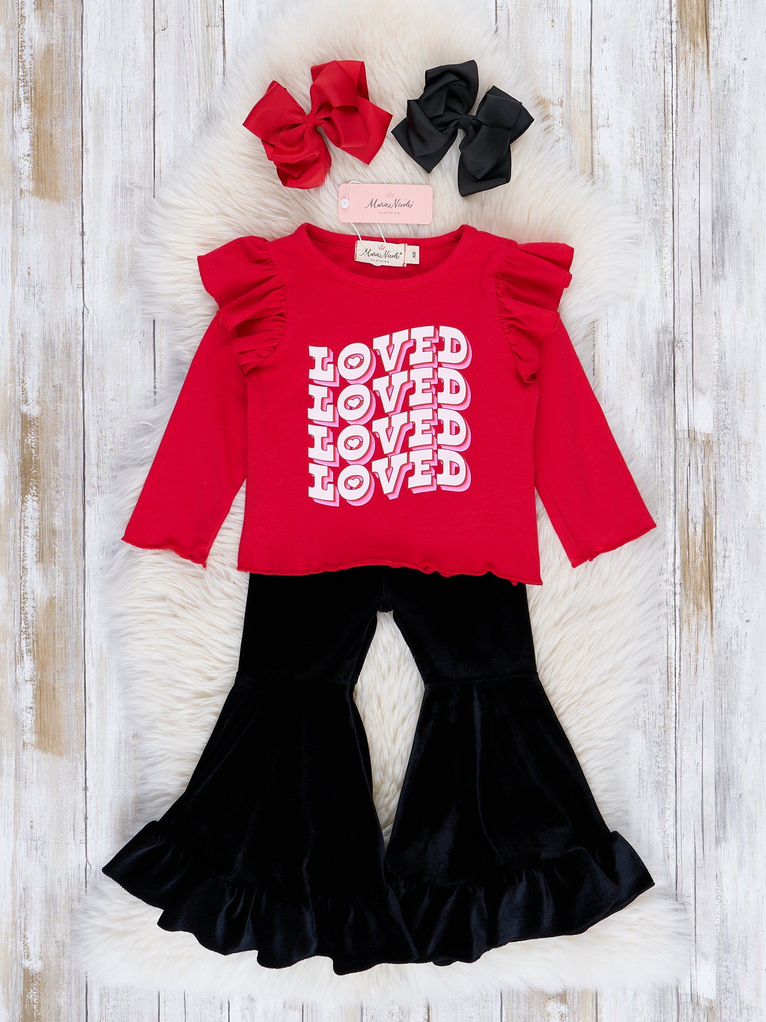 Red & Black Velvet "Loved" Bell Bottom Outfit - Marie Nicole Clothing