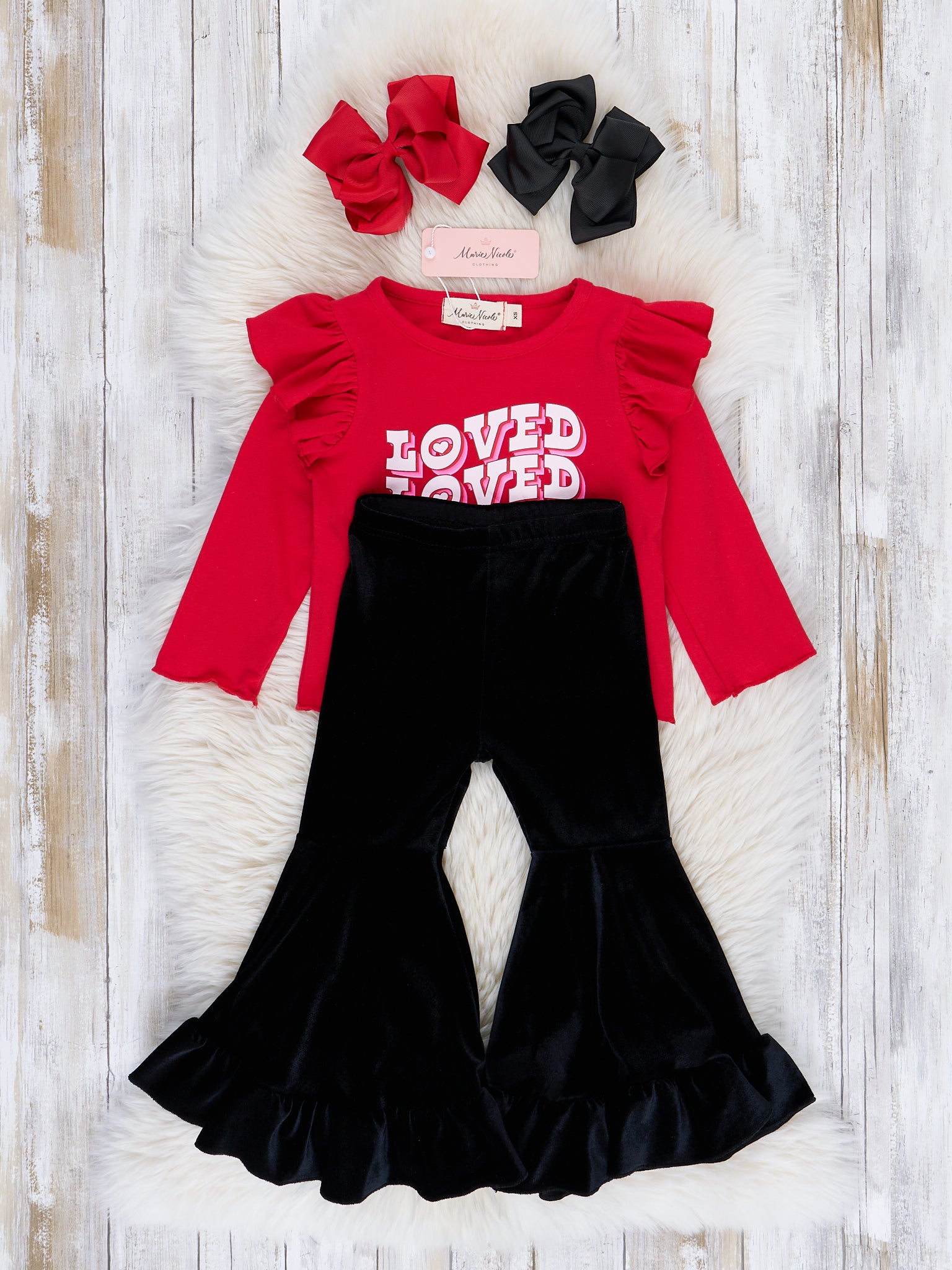 Red & Black Velvet "Loved" Bell Bottom Outfit - Marie Nicole Clothing