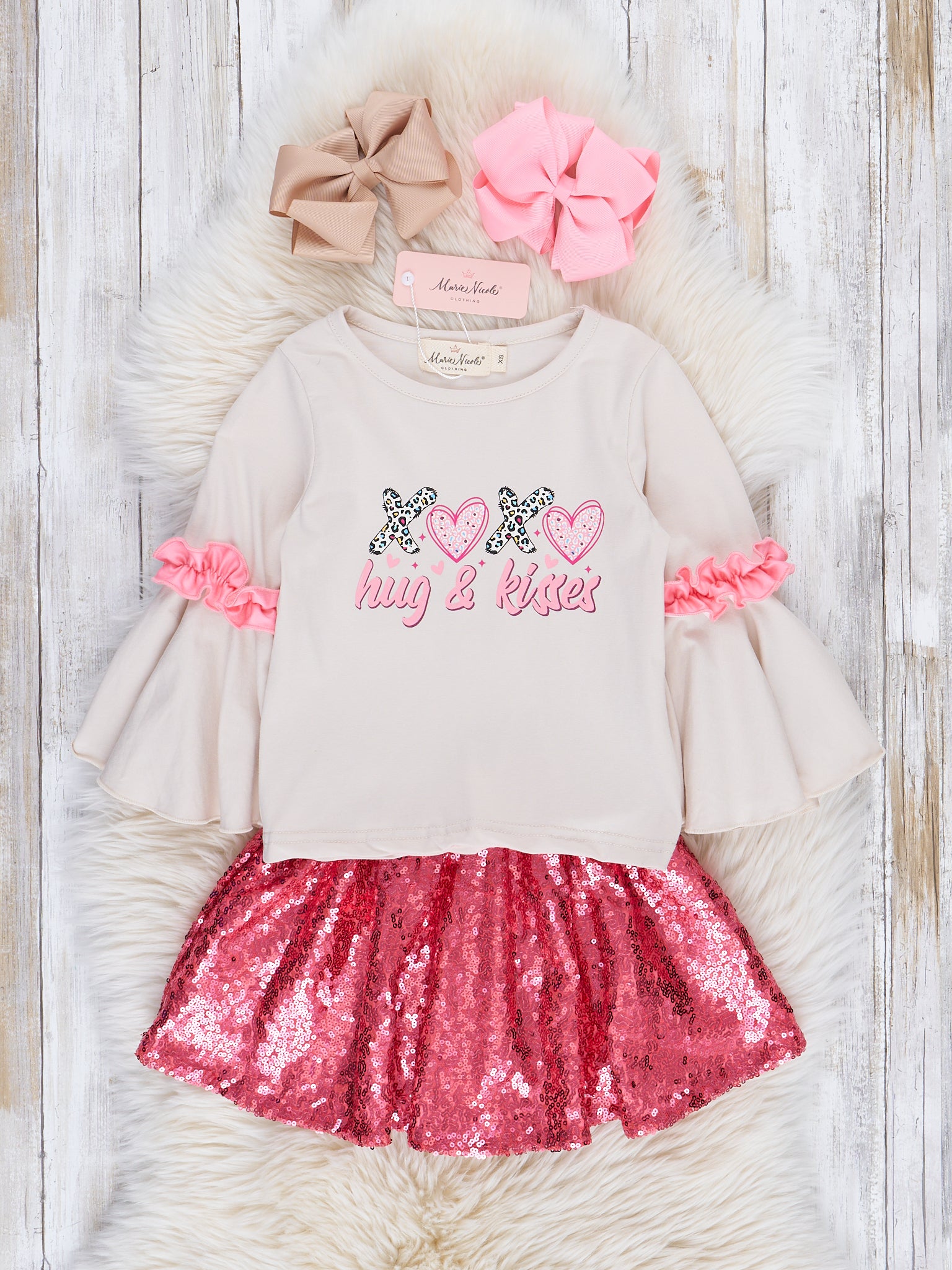 Grey & Pink Bell Sleeve Outfit w/ Sequin Skirt - Marie Nicole Clothing
