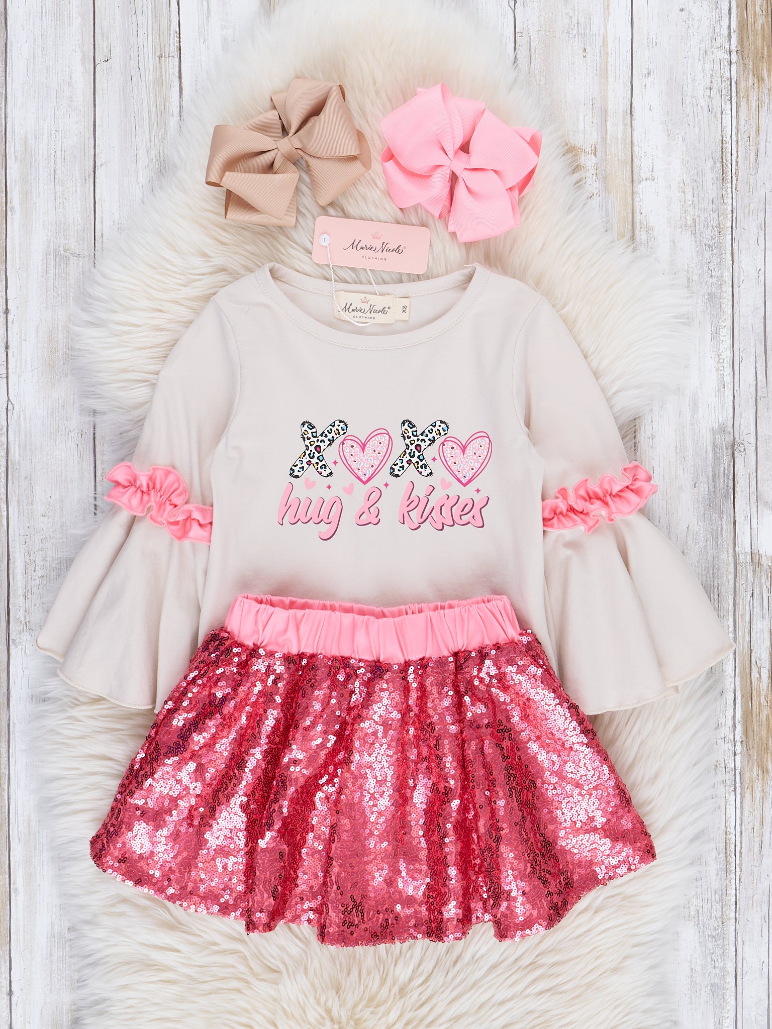 Grey & Pink Bell Sleeve Outfit w/ Sequin Skirt - Marie Nicole Clothing