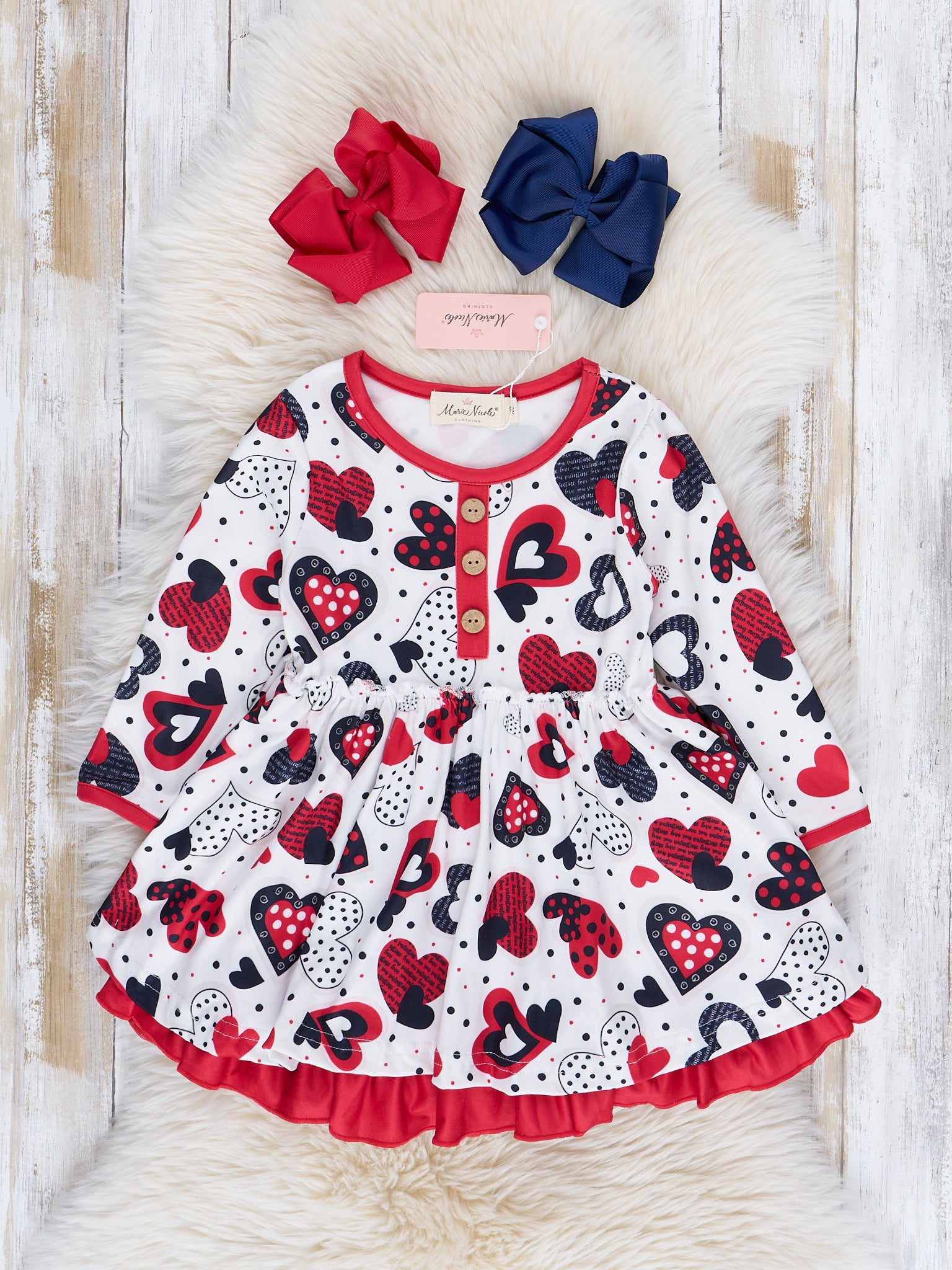 Red Hearts Sweet Valentine Tiered Ruffle Dress - Marie Nicole Clothing