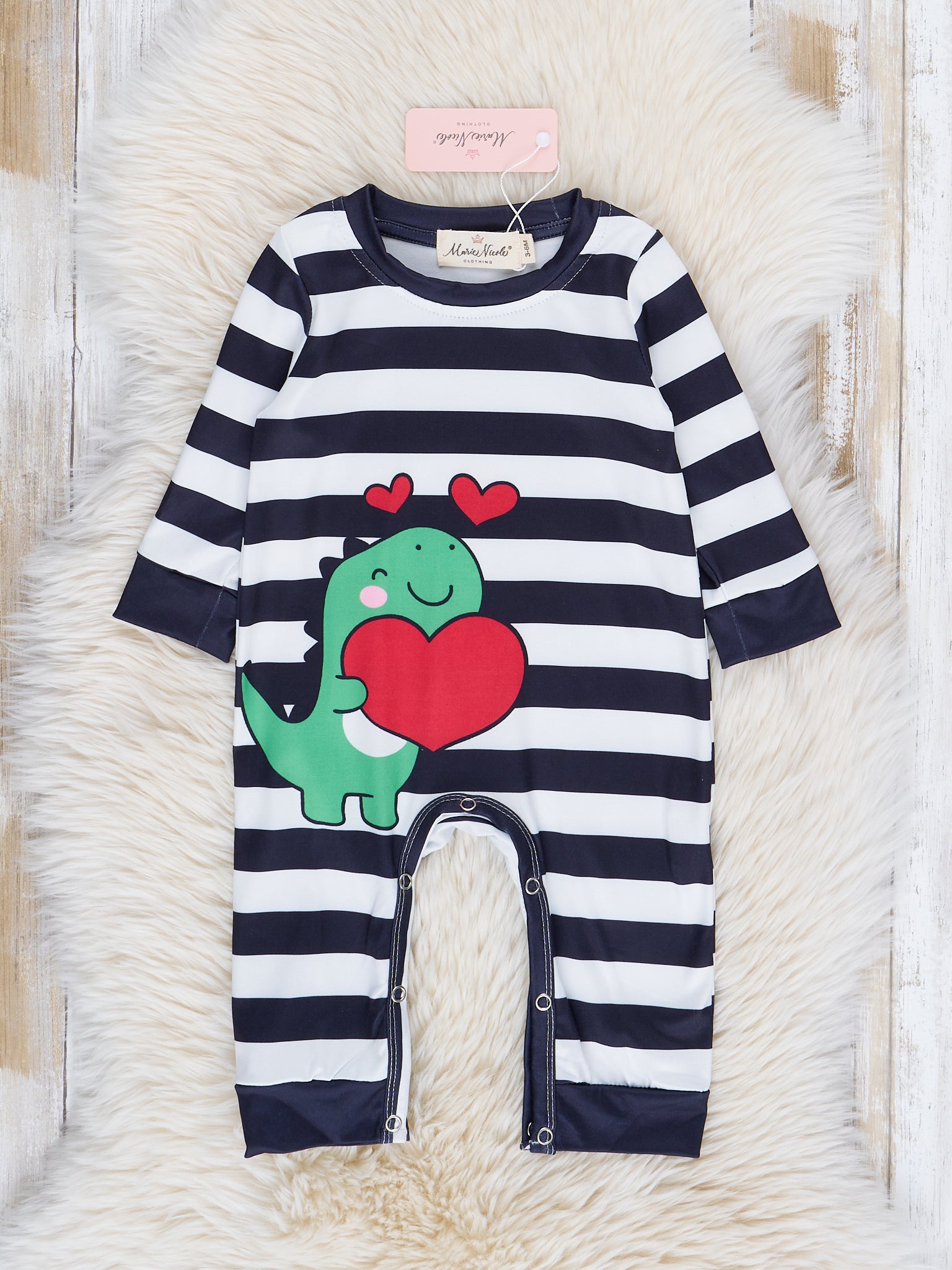 Black & White Striped Dino Love Romper - Marie Nicole Clothing