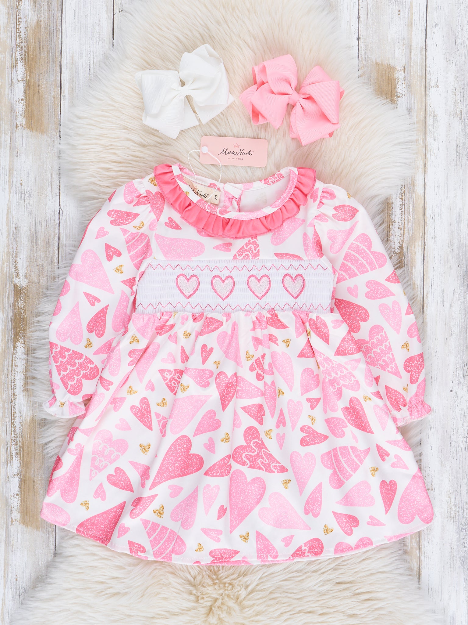 Pink Hearts Smocked Ruffle Dress - Marie Nicole Clothing