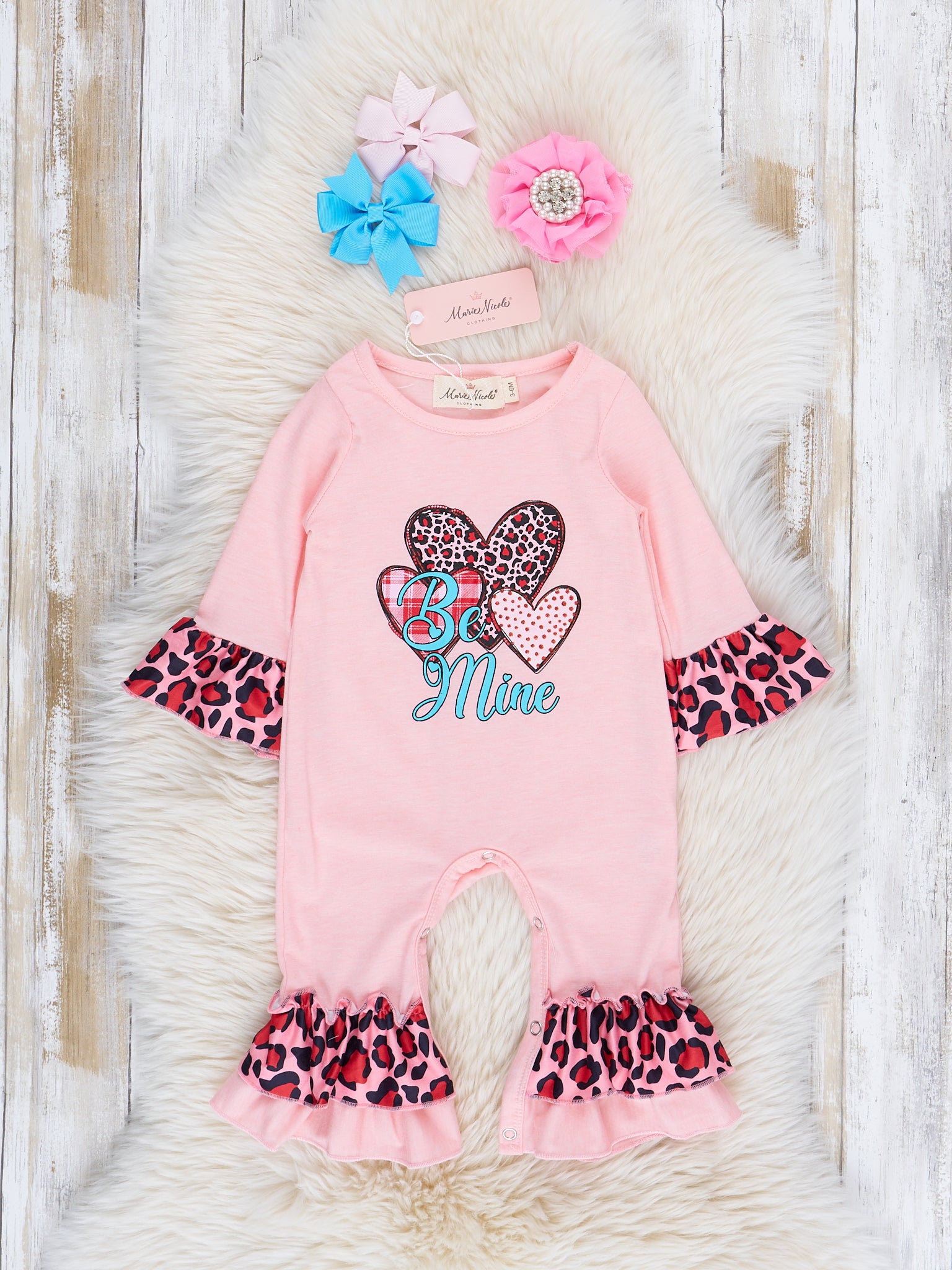 Pink & Leopard Hearts "Be Mine" Ruffle Romper - Marie Nicole Clothing