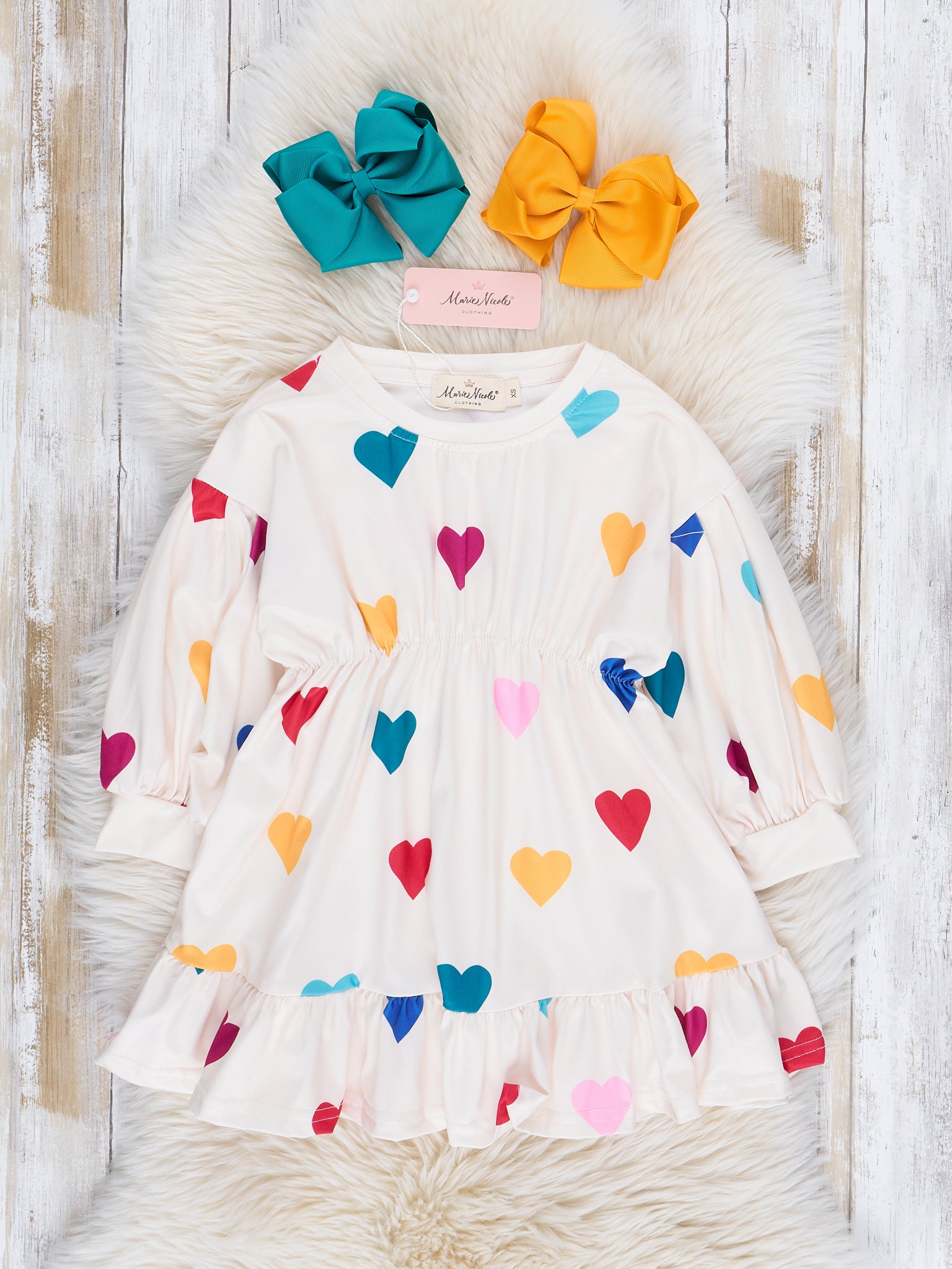 White Rainbow Hearts Ruffle Dress - Marie Nicole Clothing