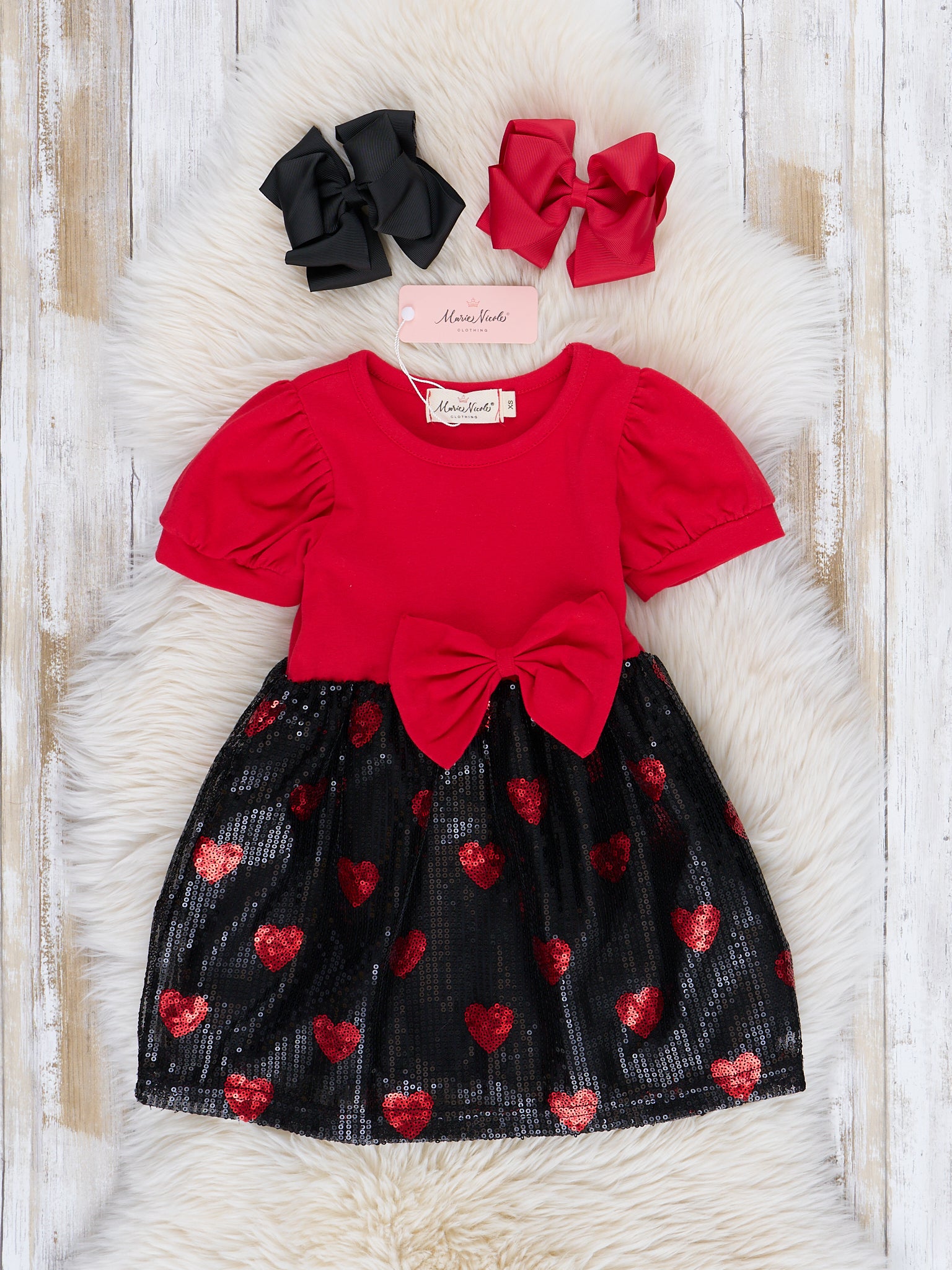 Black Sparkle Hearts Sequin Puff Sleeve Dress - Marie Nicole Clothing