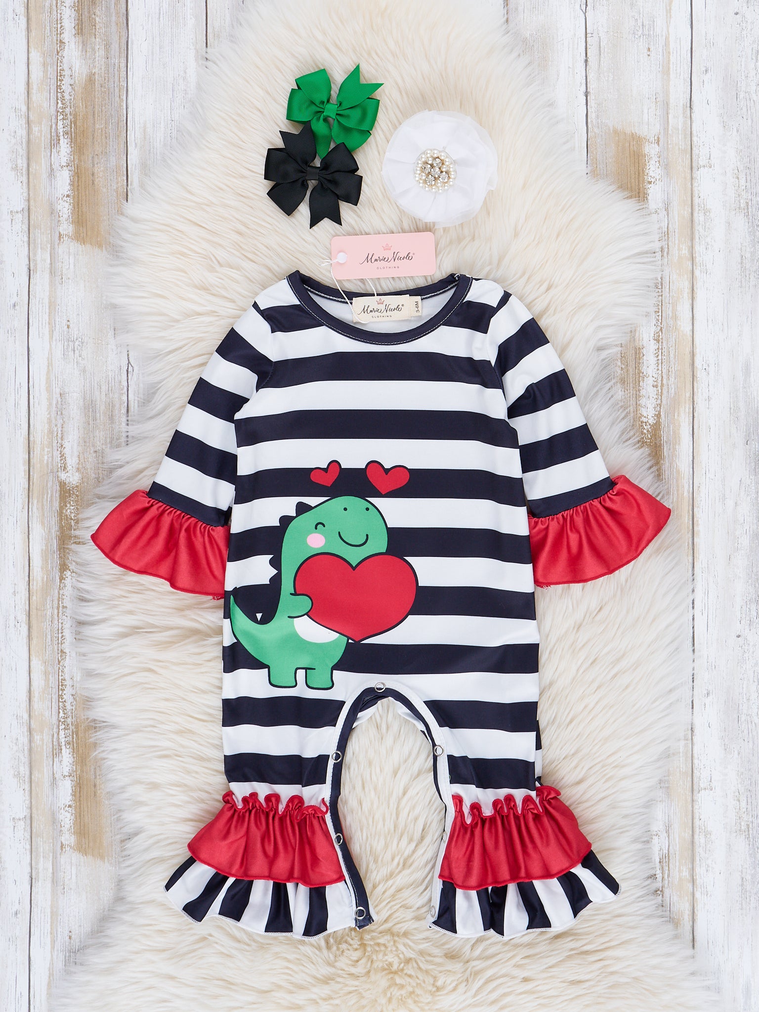 Black & White Striped Dino Love Ruffle Romper - Marie Nicole Clothing