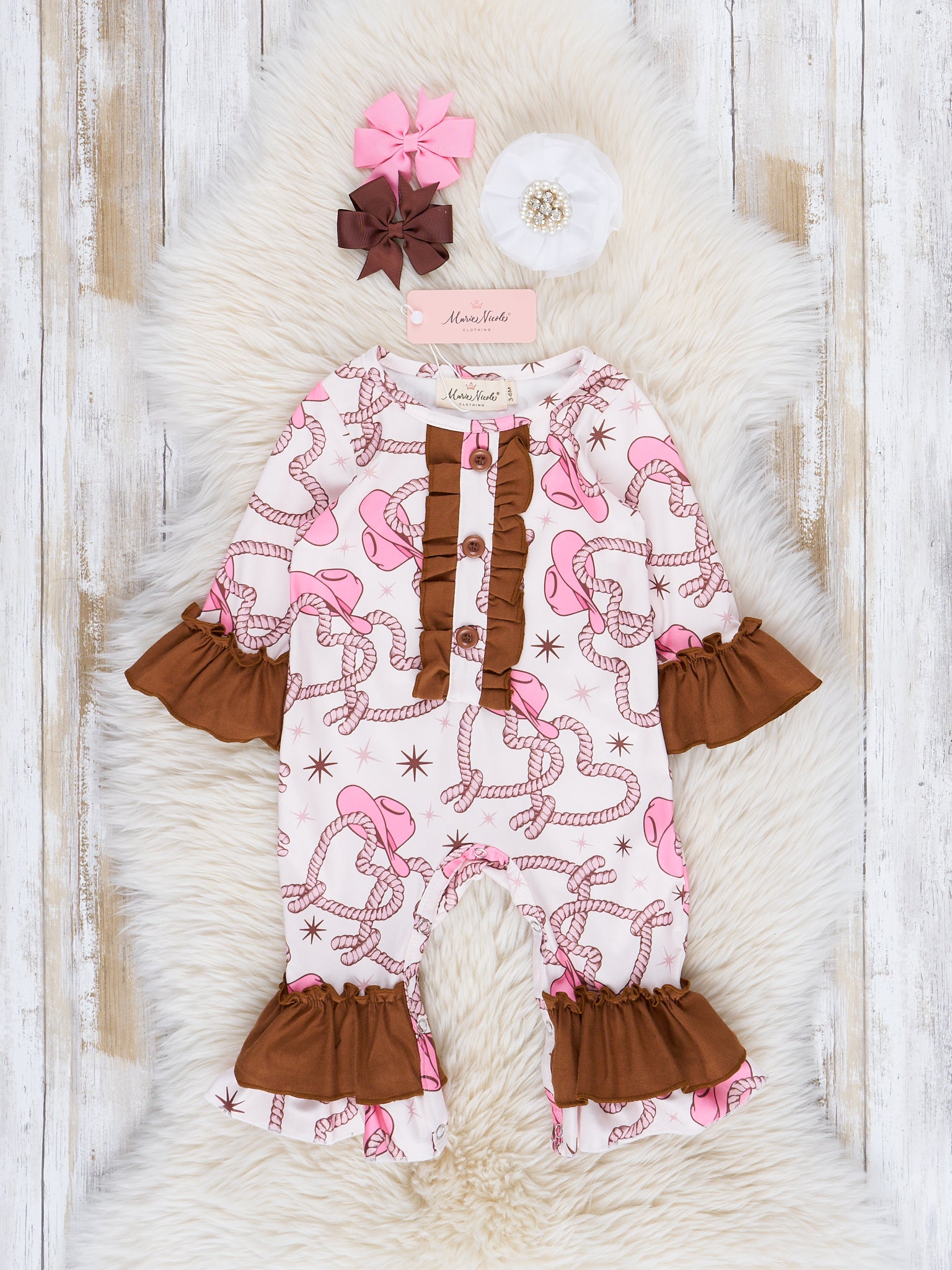 Pink & Brown Rope Hearts Ruffle Romper - Marie Nicole Clothing